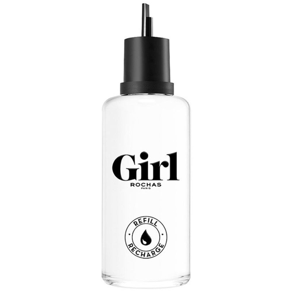 Nachfüllflasche mit schwarzem Verschluss. Aufschrift "Girl" und "REFILL RECHARGE".