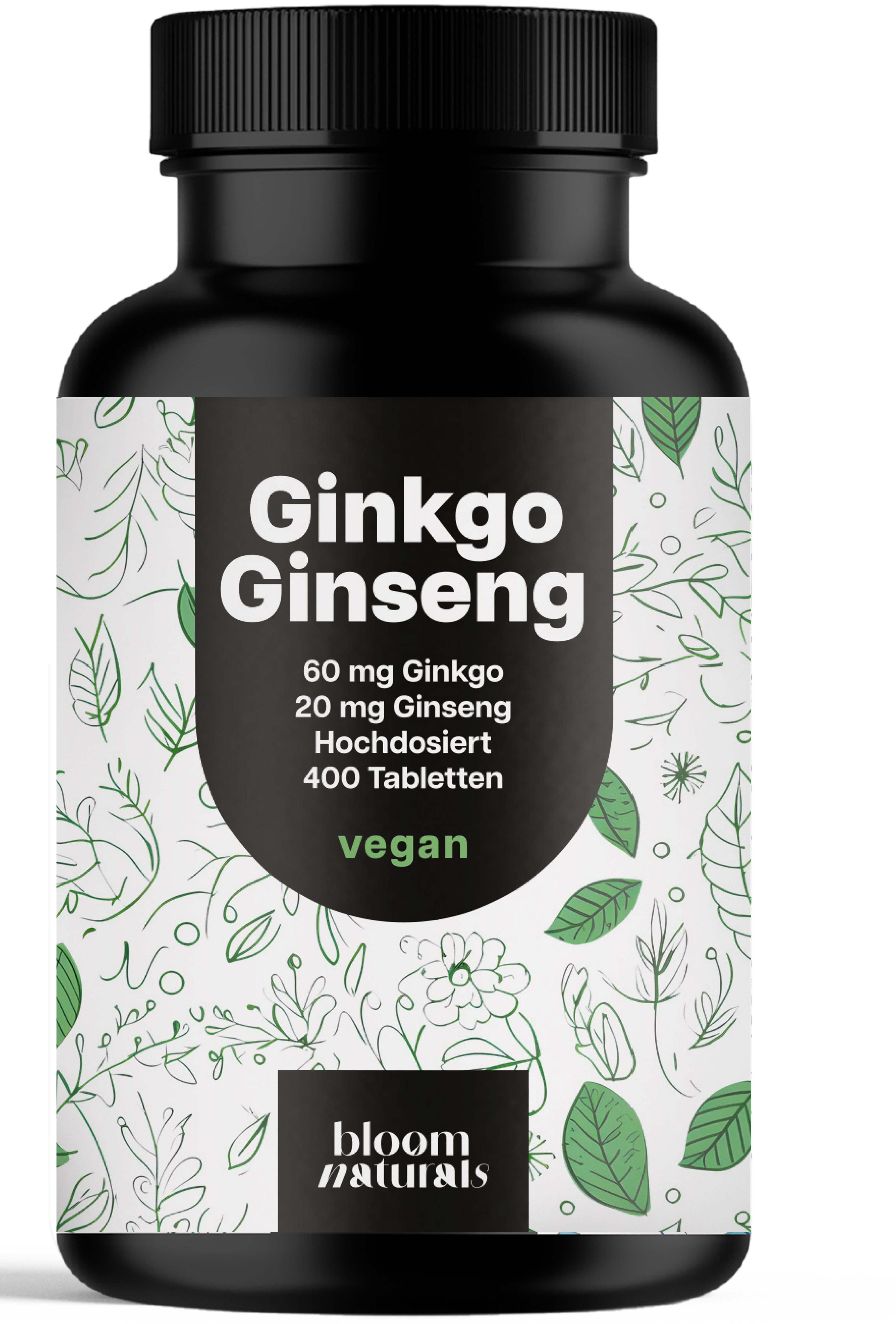Schwarze Flasche mit weißem Etikett. Aufschrift: Ginkgo Ginseng, 60 mg Ginkgo, 20 mg Ginseng, 400 Tabletten, vegan. Marke: bloom naturals.