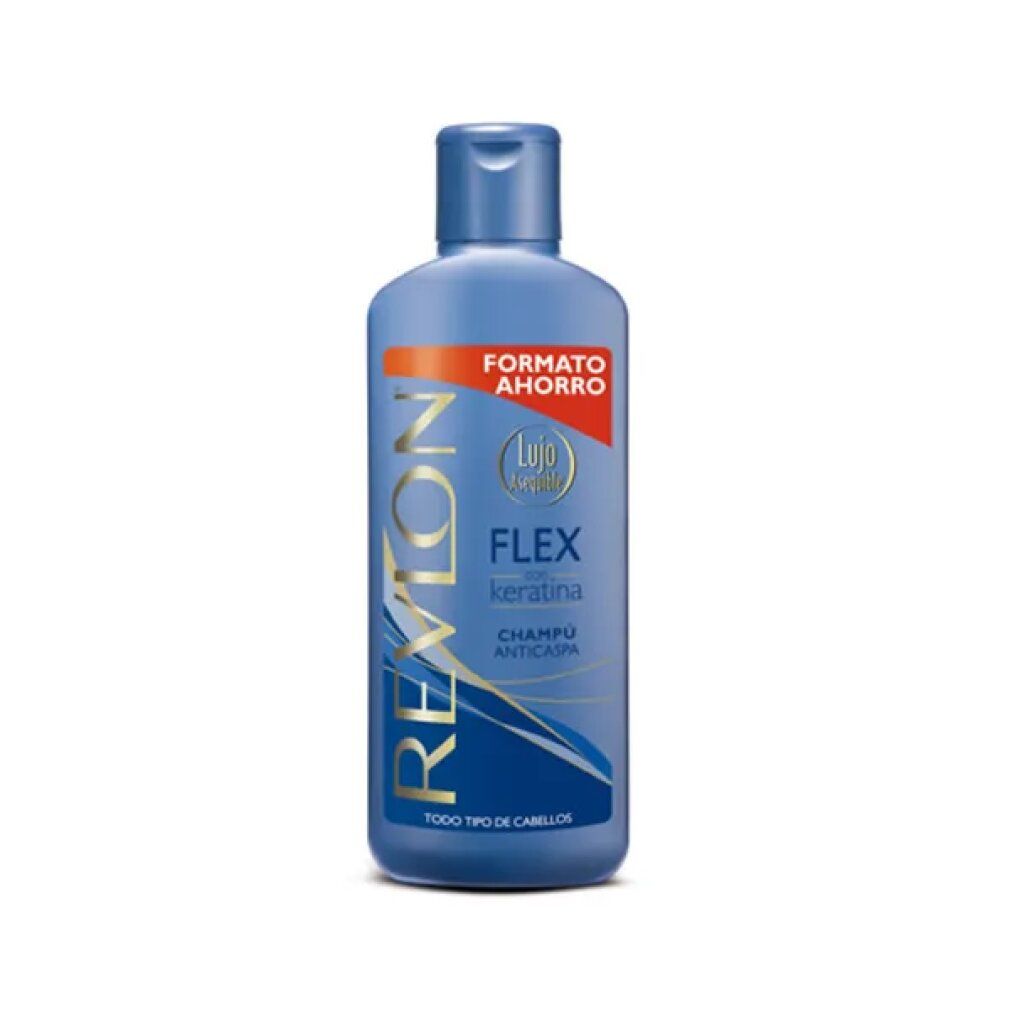 Blaue Flasche Revlon Flex Shampoo. Schriftzug: Flex, Keratin, Anticaspa. Format für Sparsamkeit. Lujo Luxus.