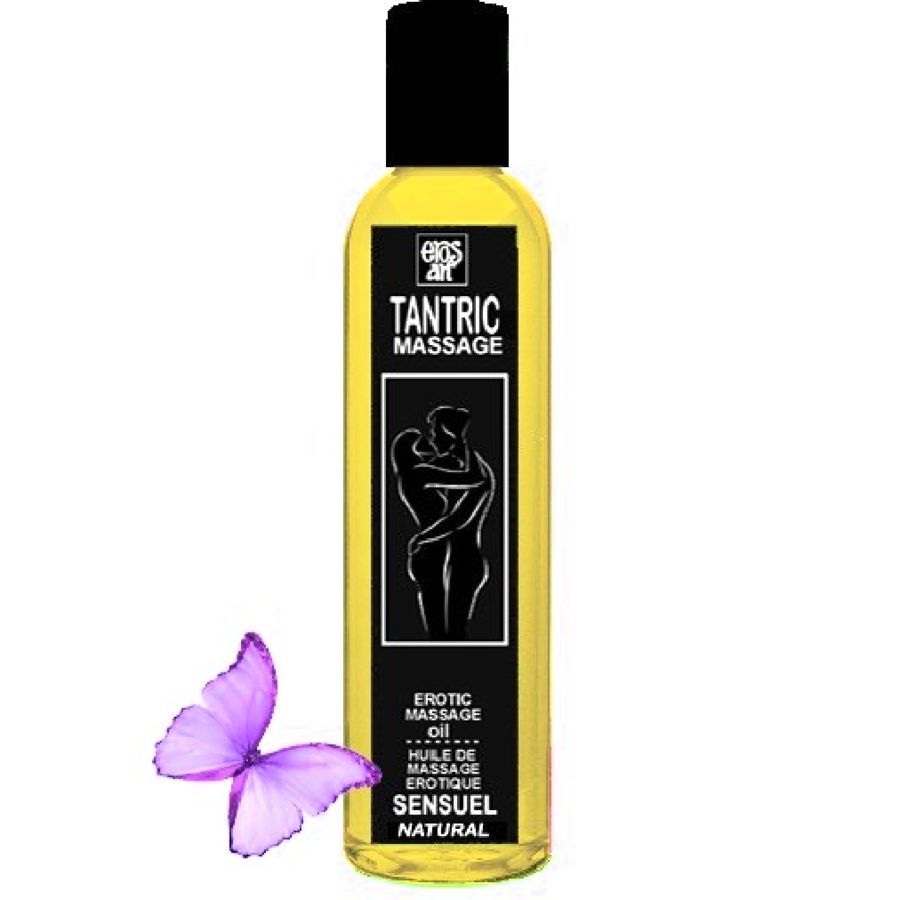 Gelbliche Flüssigkeit in einer Flasche mit schwarzem Deckel. Aufschrift: Tantric Massage, Erotic Massage Oil, Sensuel Natural. Mit Schmetterling.