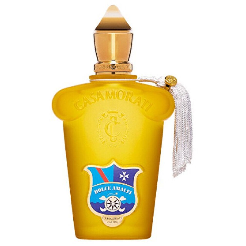 Gelbe Flasche mit goldfarbenem Verschluss und Quaste. Aufschrift "Casamorati Dolce Amalfi".