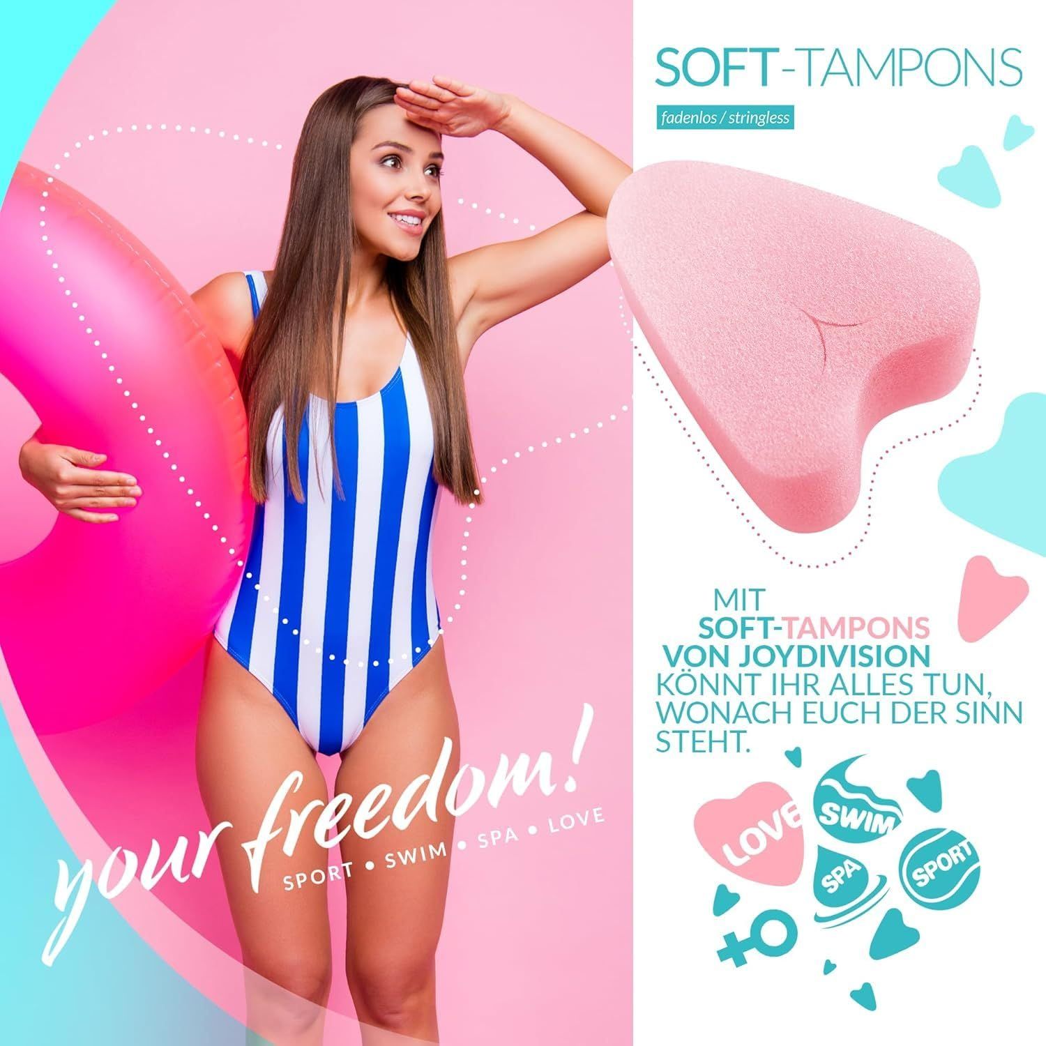 Frau mit Schwimmring, hält einen rosa Herz-Tampon.