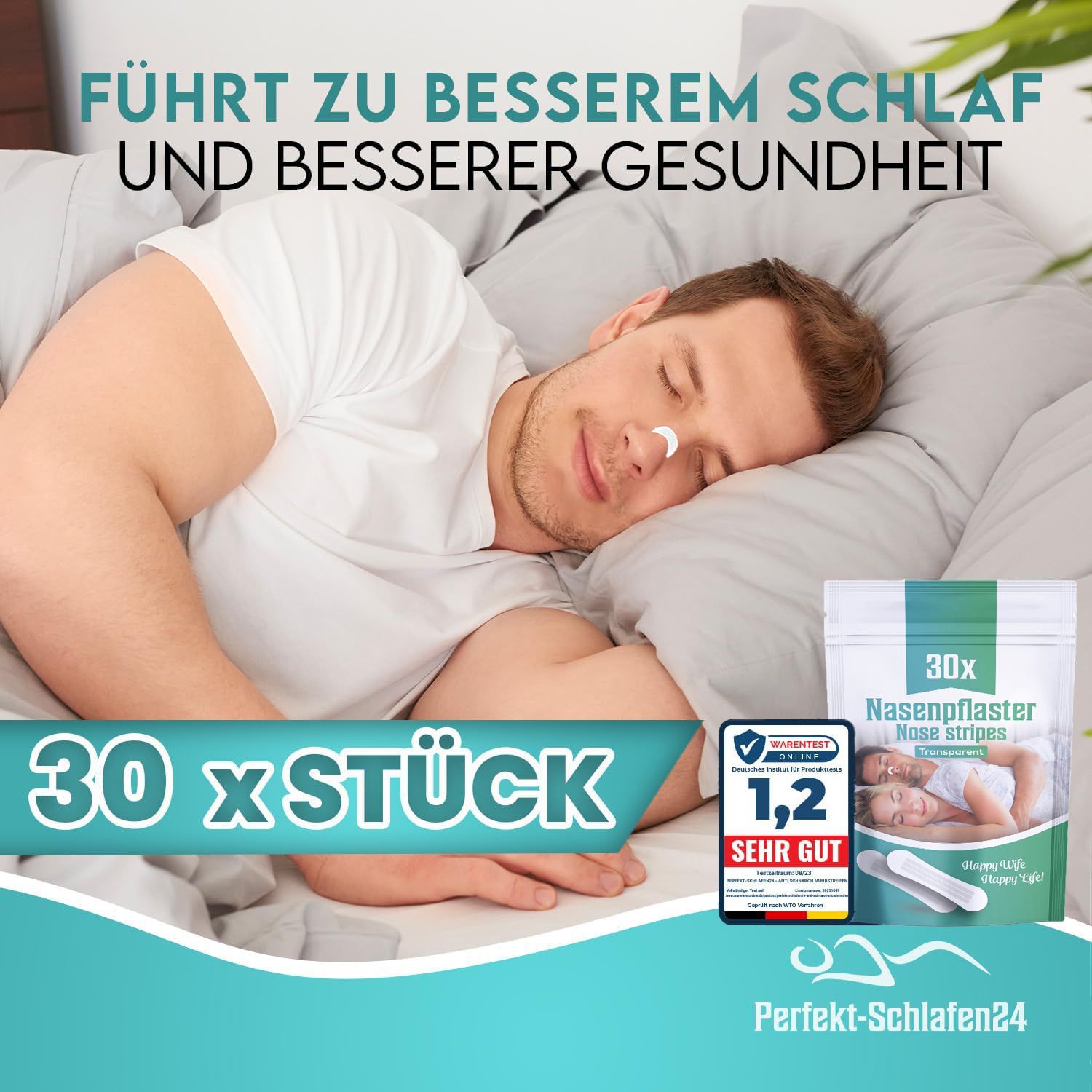 Mann schläft mit Nasenpflaster. Verpackung: 30 Stück Nasenpflaster. WarenTest Online Bewertung: 1,2, sehr gut. Text: Führt zu besserem Schlaf und Gesundheit.