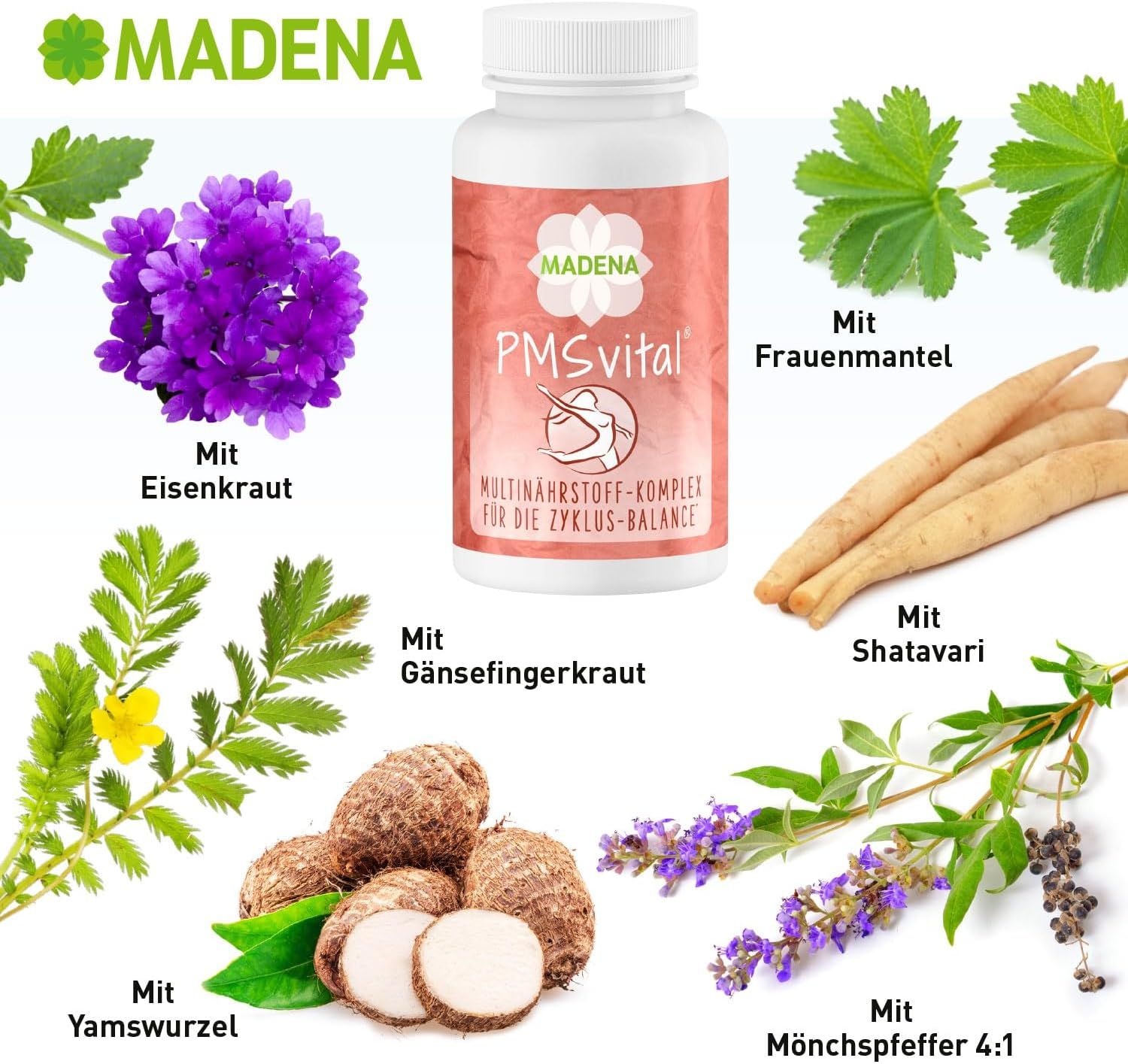 Produktflasche mit Etikett. Text: MADENA, PMSvital, Multinährstoff-Komplex für die Zyklus-Balance. Verschiedene Pflanzen und Kräuter.