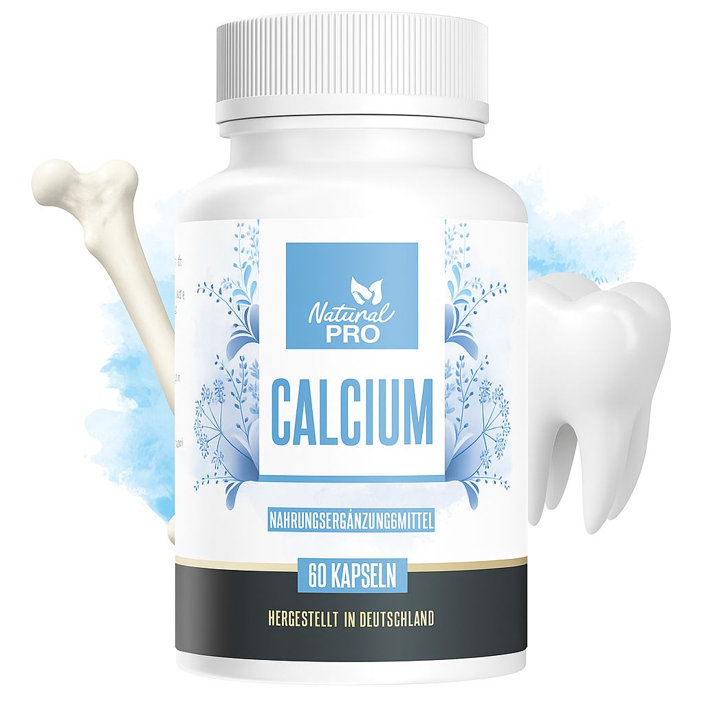 Weiße Flasche mit blauem Etikett. Natural Pro Calcium, 60 Kapseln. Knochen und Zahn im Hintergrund.