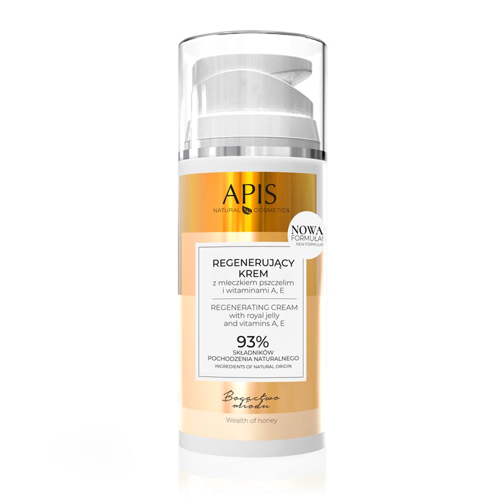 Creme-Spender mit APIS-Logo, Text: Regenerierende Creme mit Gelée Royale und Vitaminen A, E. Etikett mit 93% natürlichen Inhaltsstoffen.