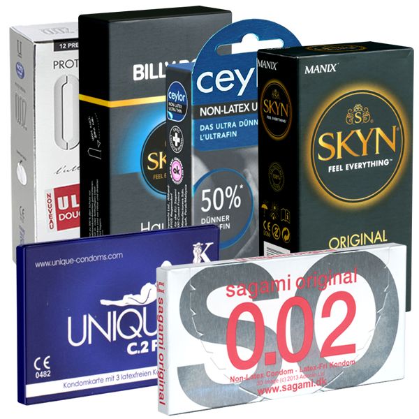Mehrere Kondom-Verpackungen. Marken: Bill, cey, SKYN, Unique, Sagami. Aufschrift: Non-Latex, 0.02, C.2 F.