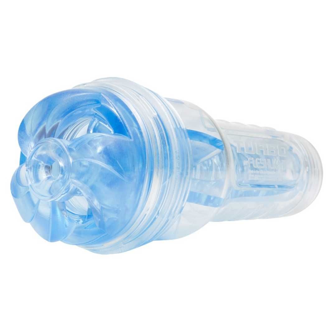 Transparentes Masturbationsgerät mit blauem Innenleben. Logo auf dem Produkt.