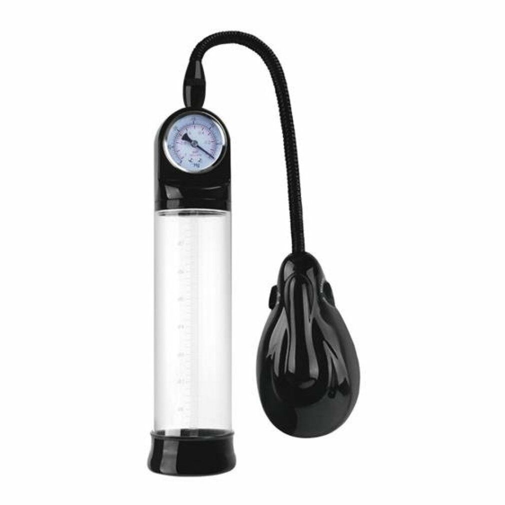 Penispumpe mit Zylinder, Manometer und Handpumpe, aus der Seitenansicht.