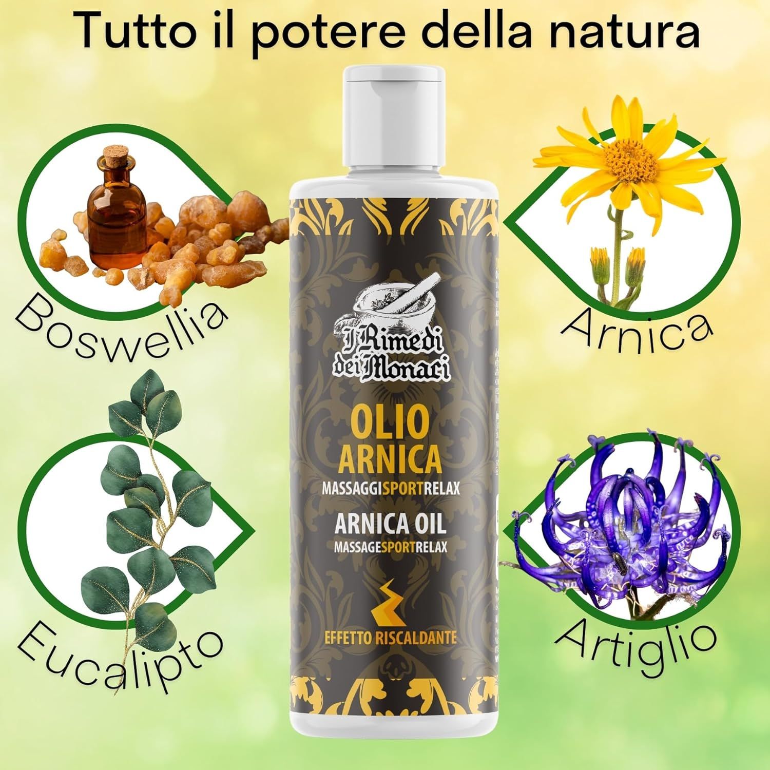 Flasche mit Etikett: IRimediDeiMonaci Arnikaöl. Abbildungen von Boswellia, Arnika, Eukalyptus und Artiglio. Text: Tutto il potere della natura.