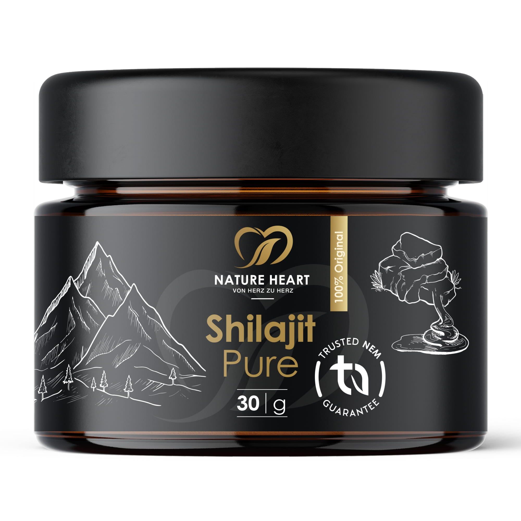 Braune Glasdose mit schwarzem Deckel. Aufschrift: Shilajit Pure, 30g, Nature Heart. Logo mit Bergen und Herz.