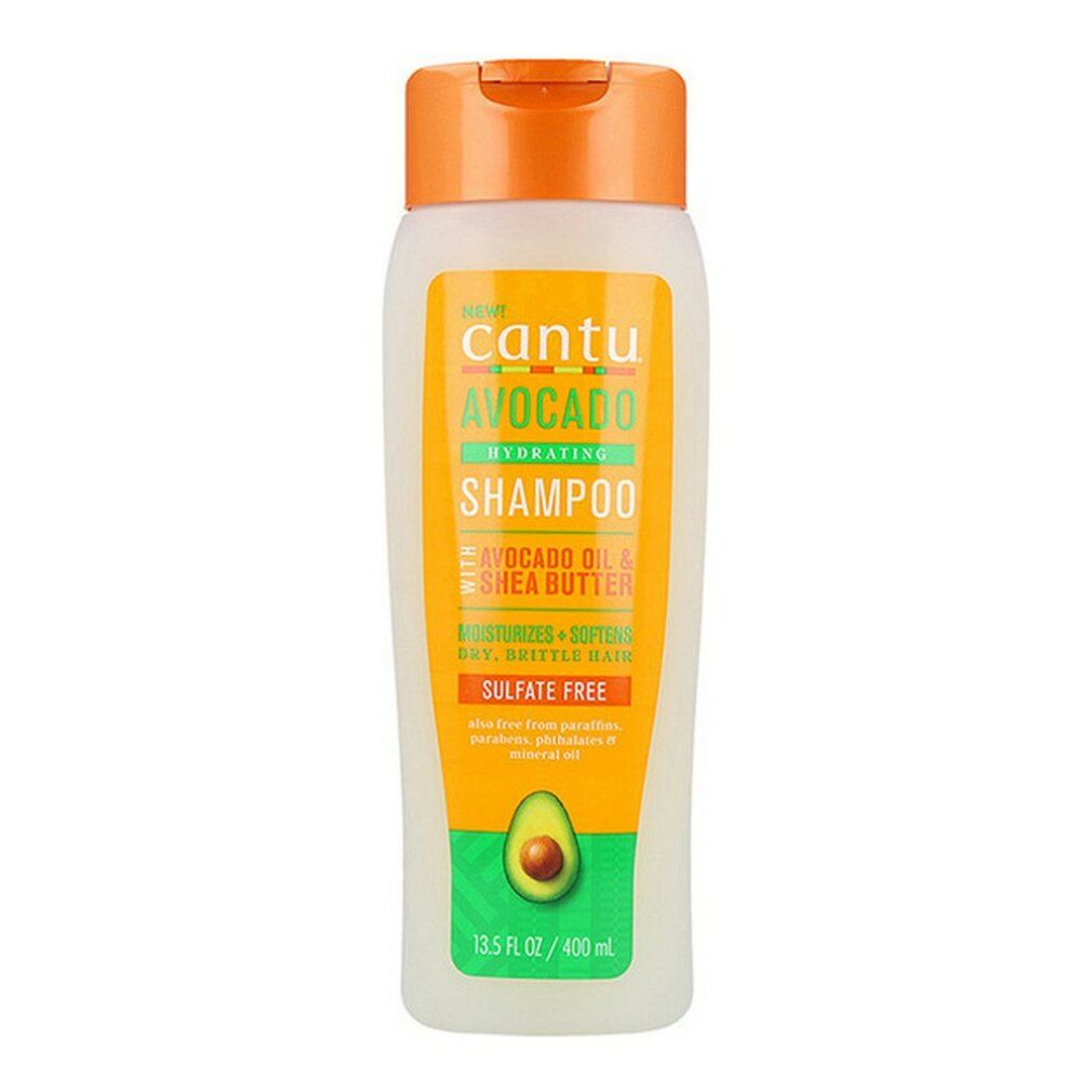 Cantu Avocado Hydrating Shampoo Flasche. Orangefarbener Deckel, weißer Behälter, grünes Etikett mit Produktinformationen und Avocado-Illustration.