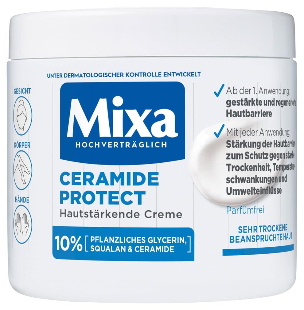 Mixa Ceramide Protect Creme. Weiße Dose mit blauer Schrift. Enthält 10% pflanzliches Glycerin, Squalane & Ceramide. Für sehr trockene Haut.
