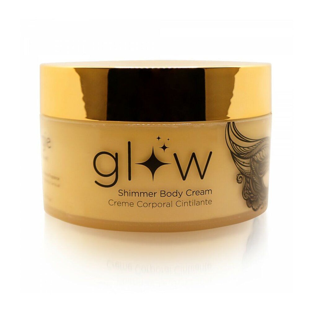 Beige Creme in rundem Tiegel mit goldenem Deckel. Aufschrift "glow Shimmer Body Cream".