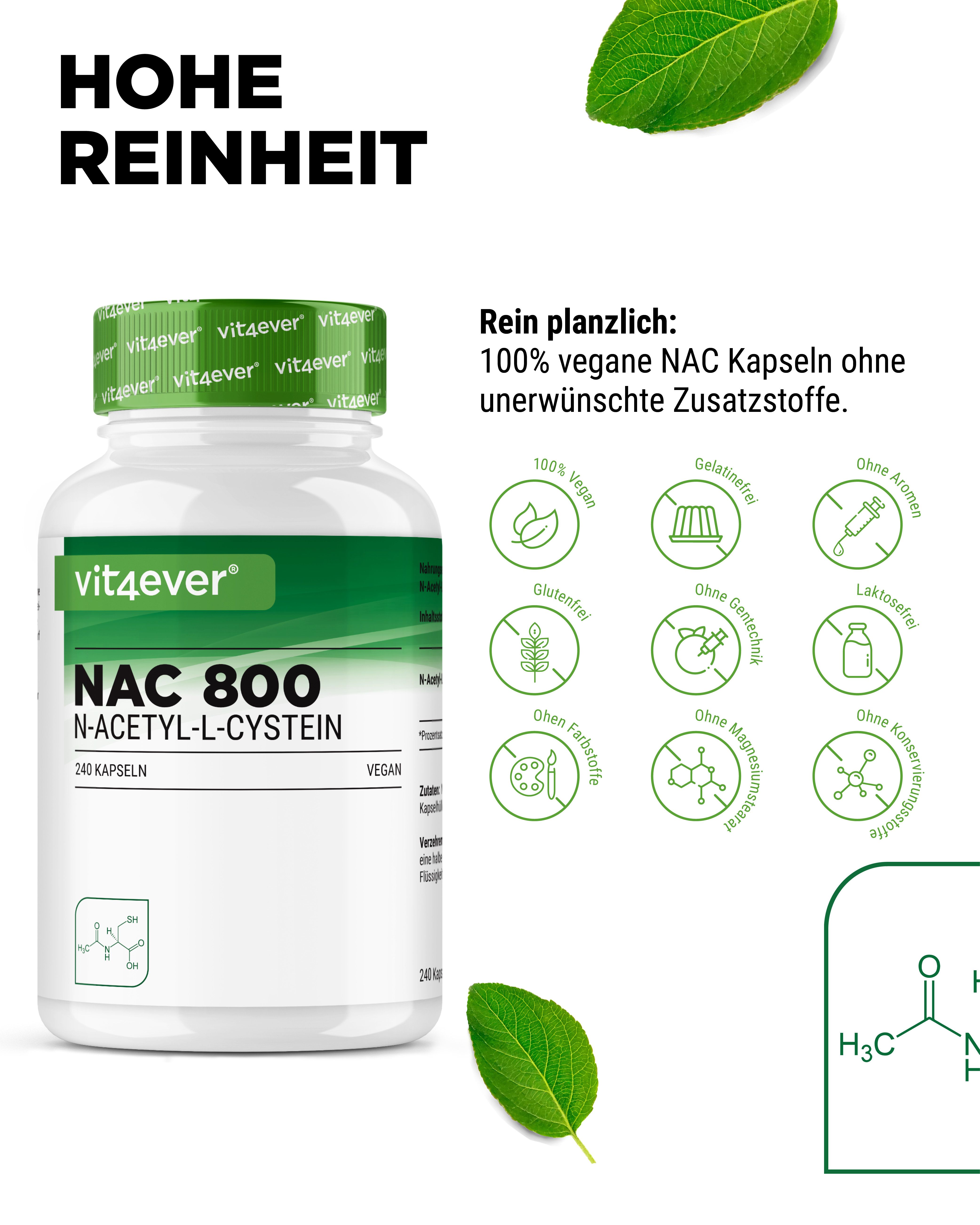 Flasche NAC 800. Text: Hohe Reinheit. Rein pflanzlich: 100% vegane NAC Kapseln ohne unerwünschte Zusatzstoffe. Symbole.