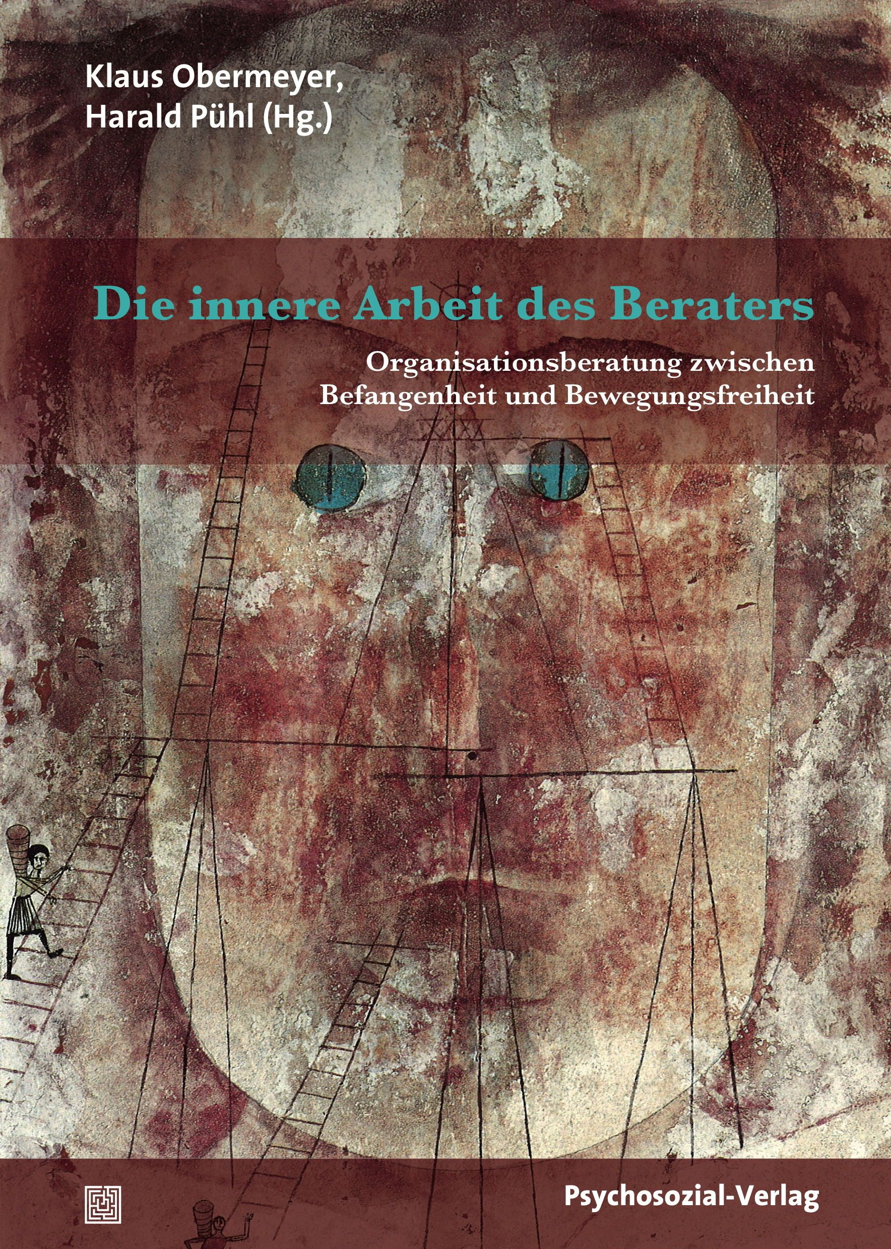 Buchcover: "Die innere Arbeit des Beraters". Titel und Autoren. Abstraktes Gesicht mit Leitern und Waagen. Verlag: Psychosozial-Verlag.