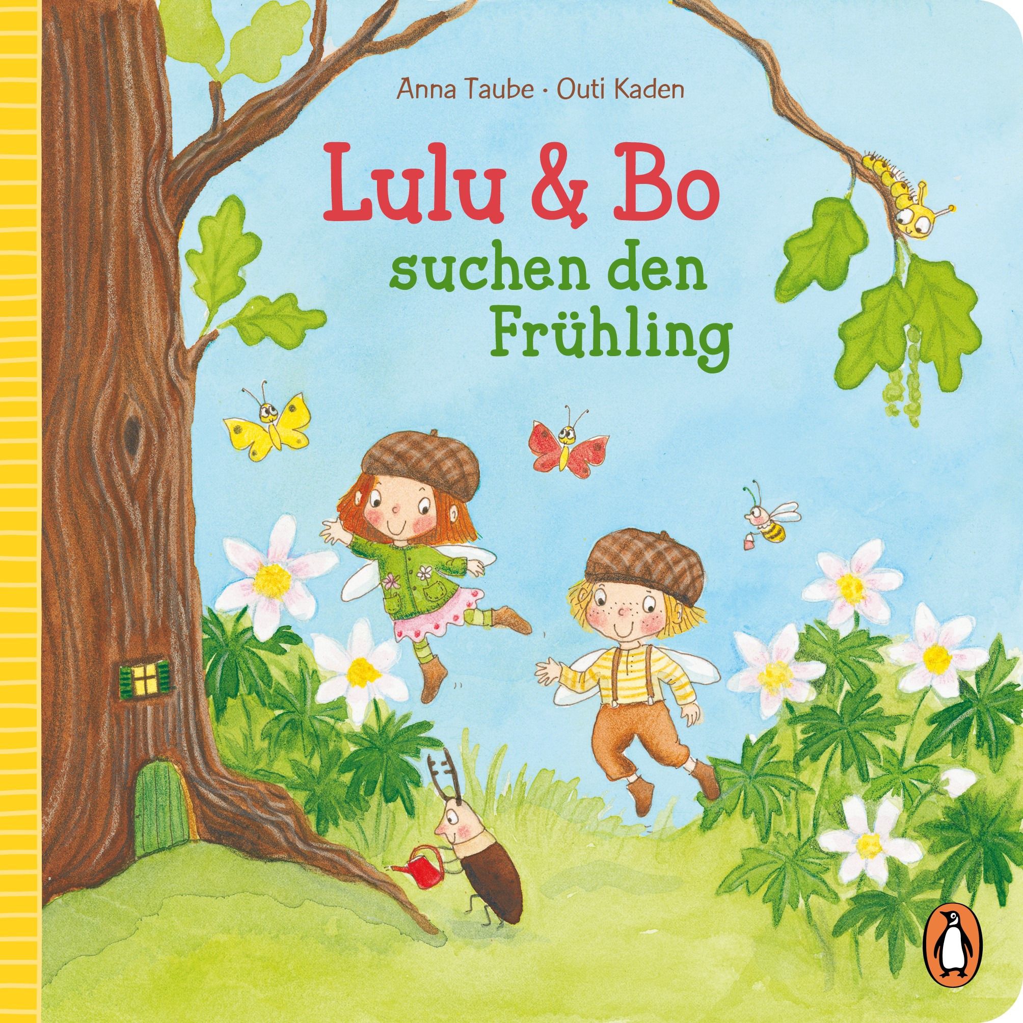 Buchcover mit Titel "Lulu & Bo suchen den Frühling". Illustration mit Figuren, Blumen und Insekten. Penguin-Logo.