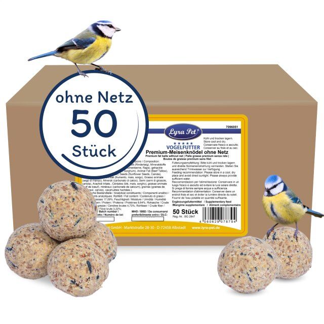 Karton mit 50 Meisenknödeln. Blaumeisen. Aufschrift: ohne Netz, Premium-Meisenknödel. Produktinformationen.