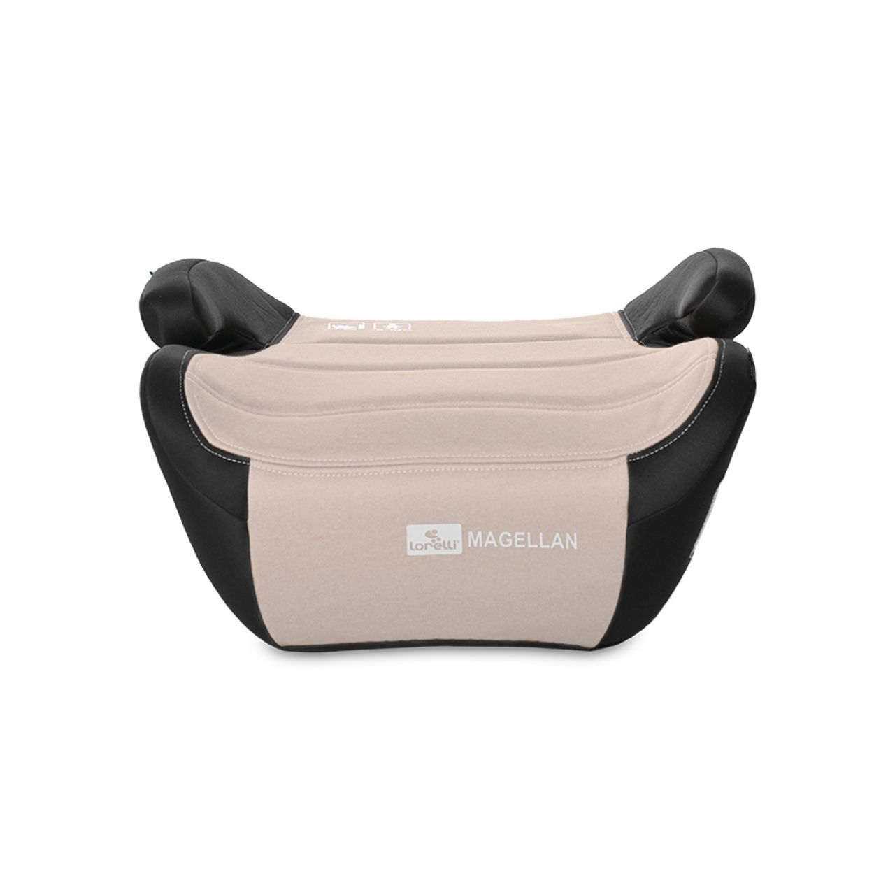 Beige und schwarzer Kindersitz-Booster mit Armlehnen und Kopfstützen.