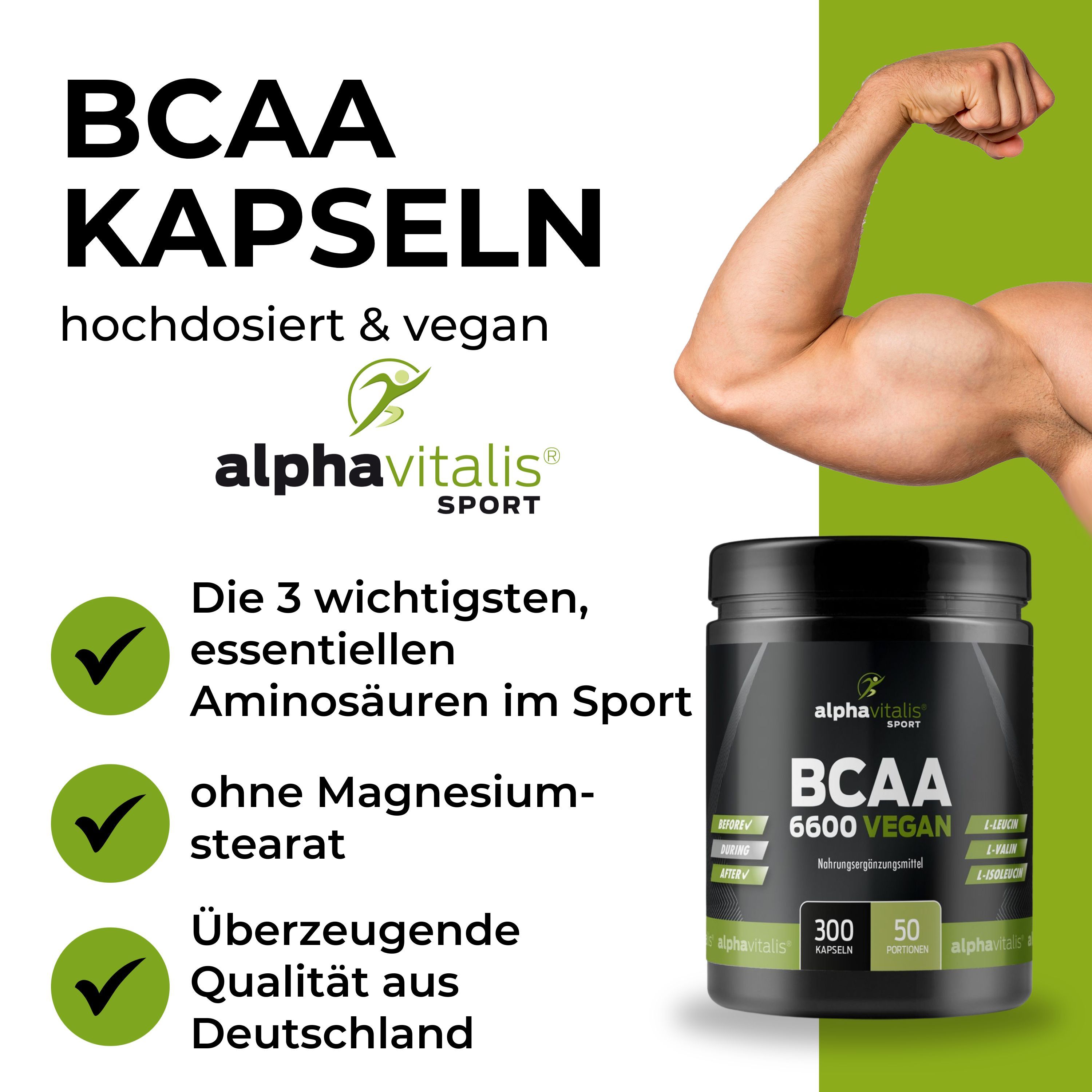 Schwarze Dose mit BCAA Kapseln. Text: BCAA Kapseln, hochdosiert & vegan. AlphaVitalis Sport Logo. Arm mit Muskeln.