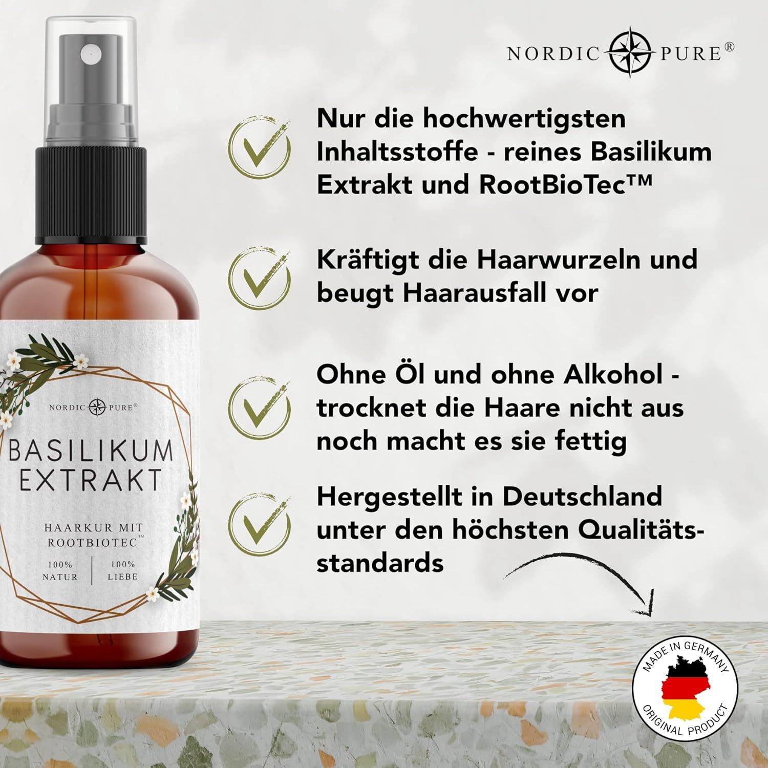 Produktflasche mit Text: Nur die hochwertigsten Inhaltsstoffe, stärkt Haarwurzeln, ohne Öl und Alkohol, hergestellt in Deutschland. Marke: Nordic Pure.