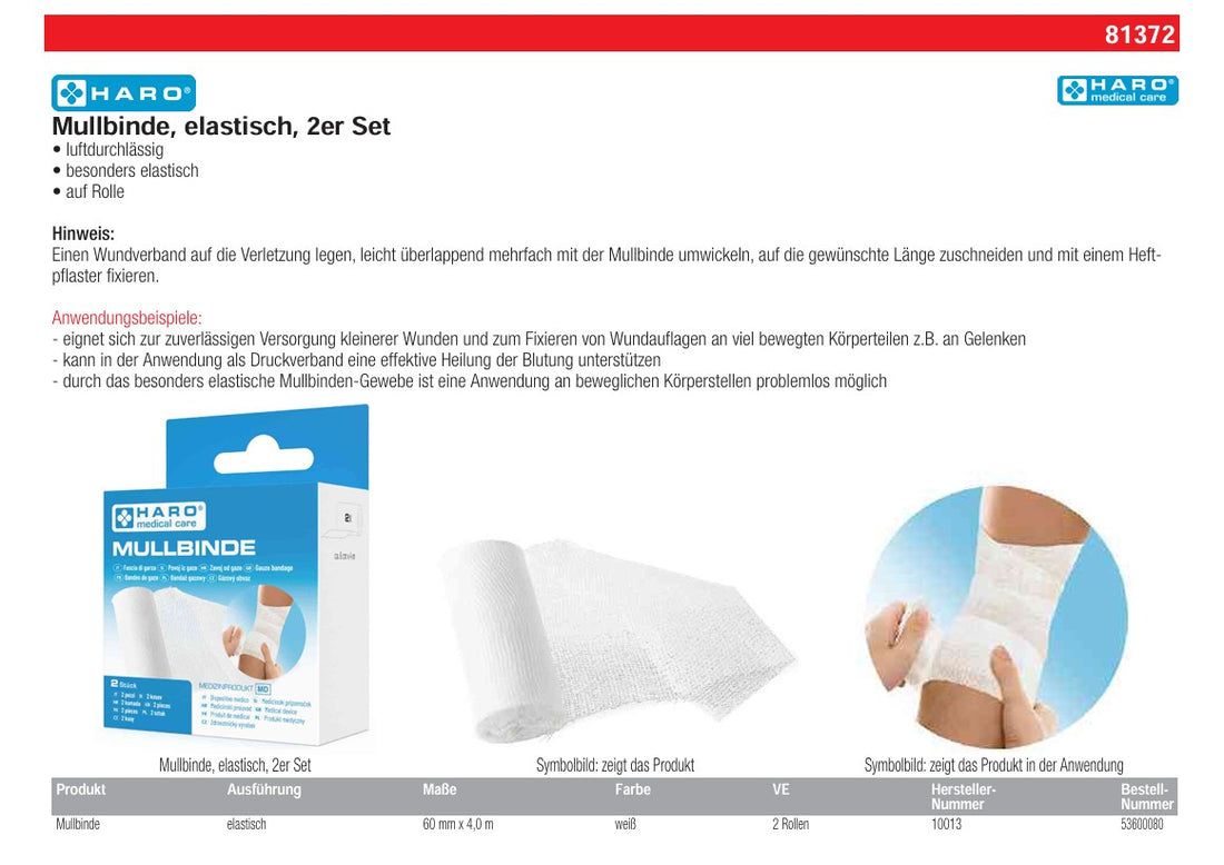 Produktinformationen von Haro Mullbinde. Zeigt Verpackung, gerollte Binde und Anwendung am Bein.