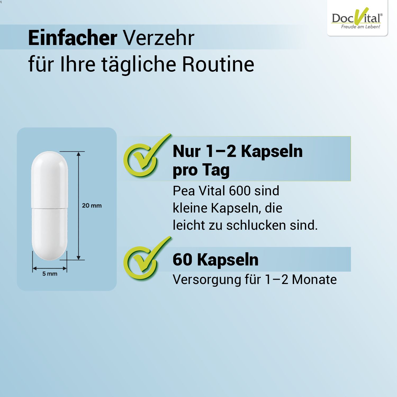Eine weiße Kapsel mit den Maßen 20mm x 5mm. PEA Vital 600: Nur 1-2 Kapseln pro Tag, 60 Kapseln für 1-2 Monate.