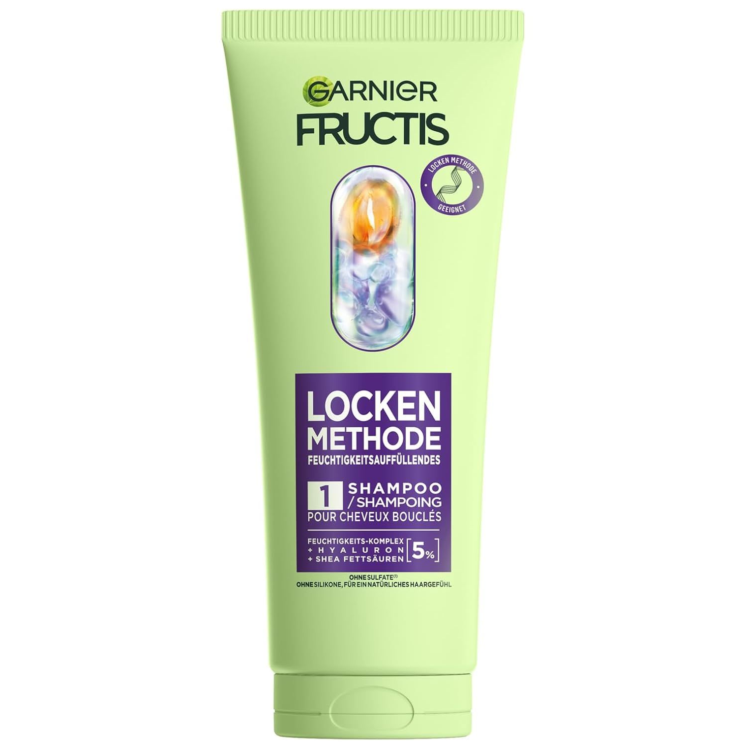 Grüne Tube Garnier Fructis Locken Methode Shampoo. Mit Logo und Produktbezeichnung. Enthält Hyaluron und Sheabutter.