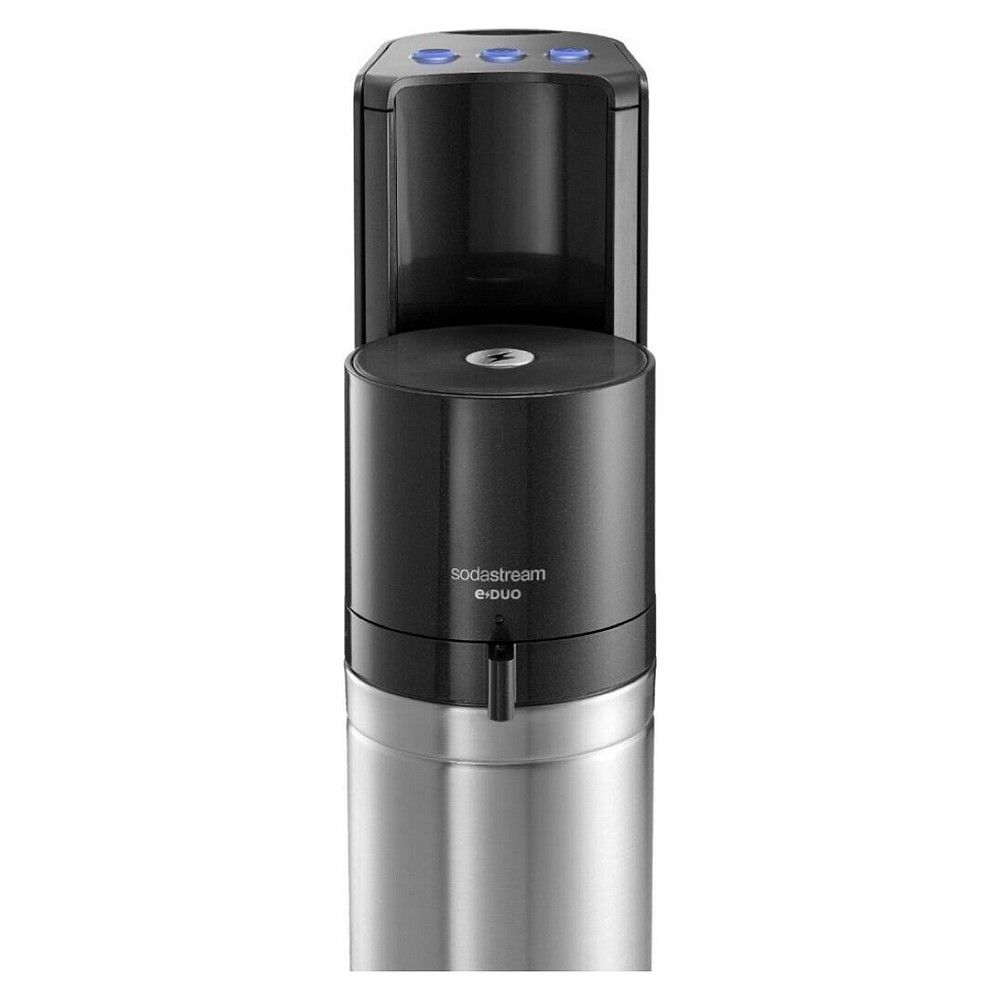 Oberansicht des SodaStream E-DUO Wassersprudlers mit Bedienelementen und Flaschenaufnahme.