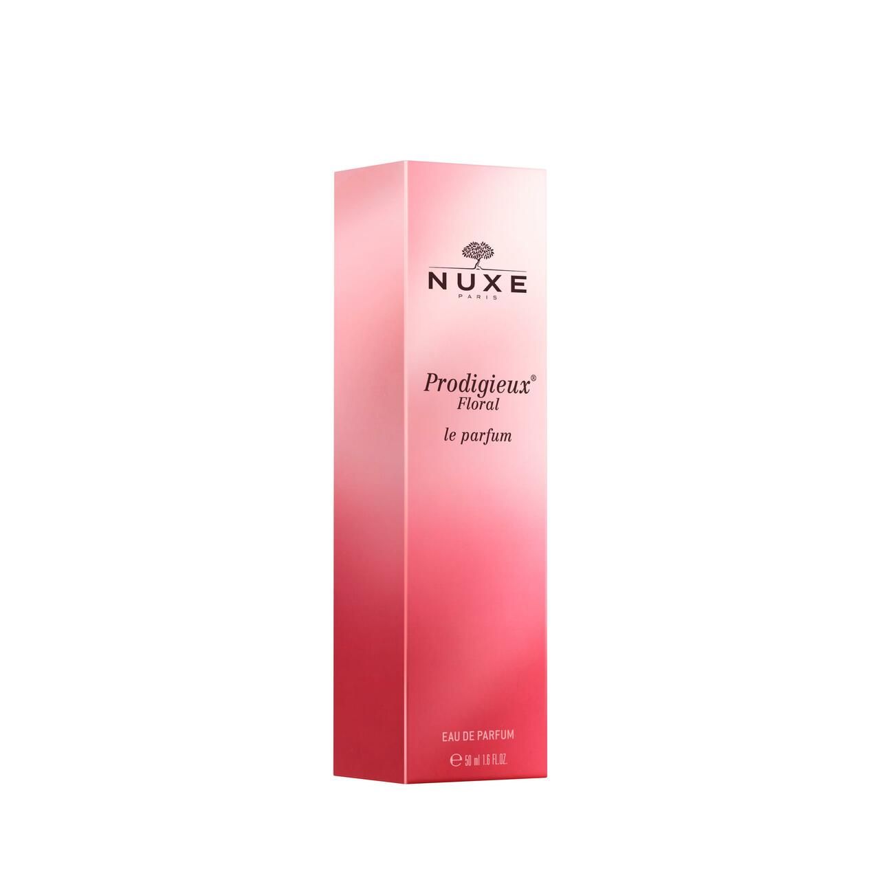 NUXE Prodigieux Floral le Parfum. Rosa Schachtel. Produktinformationen. Weißer Hintergrund.