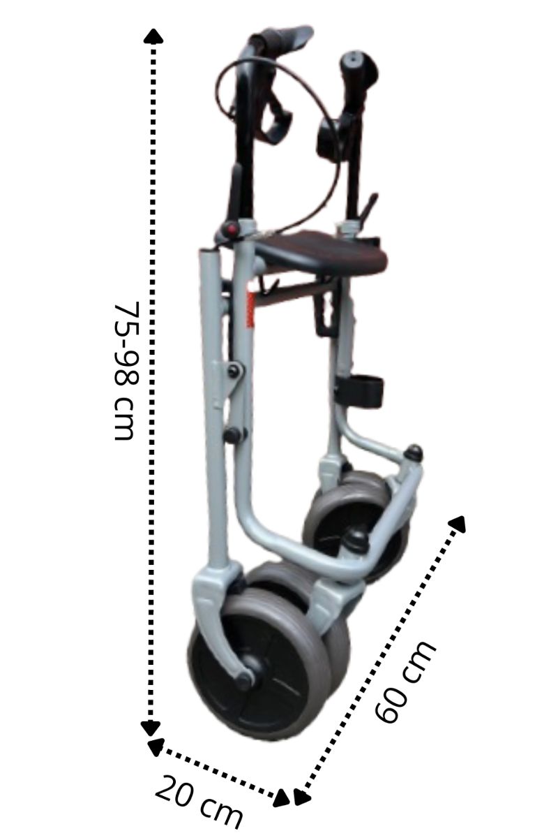 Gehhilfe, zusammengeklappt. Grau, mit vier Rädern. Abmessungen: 75-98 cm hoch, 60 cm breit, 20 cm tief.