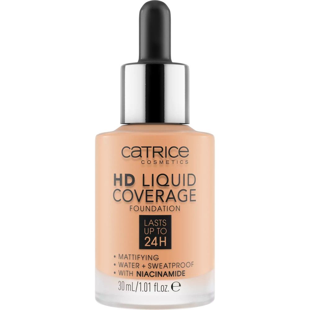 Catrice HD Liquid Coverage Foundation Flasche mit Pipette. Text: Mattierend, wasserfest, schweißfest, mit Niacinamid. 30ml/1.01 fl.oz.