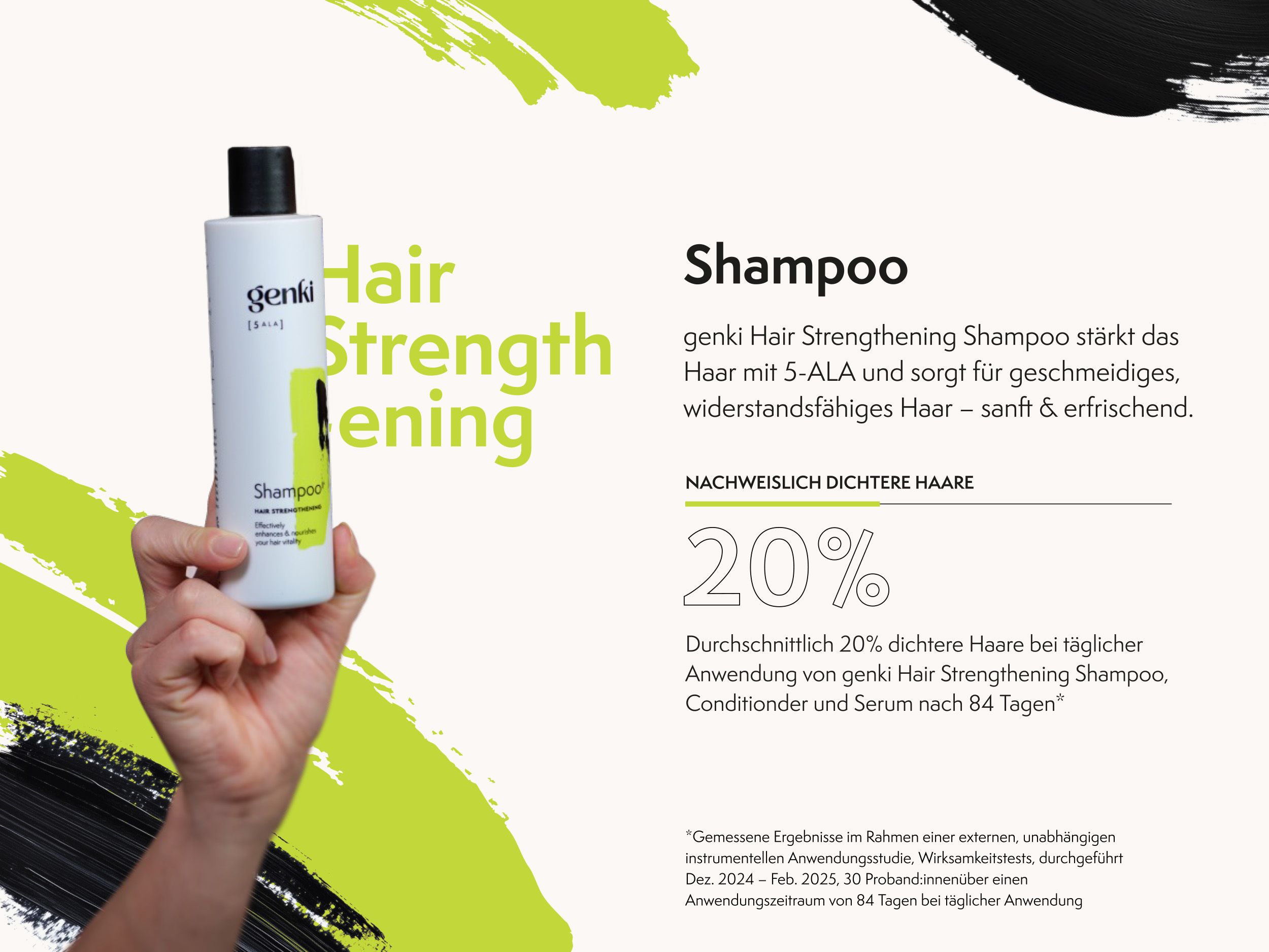 Hand hält Shampoo-Fläschchen. Text: Hair Strengthening, Shampoo. Aufschrift: Genki. 20% dichtere Haare. Ohne Silikone, Sulfate, Parabene, Parfum.