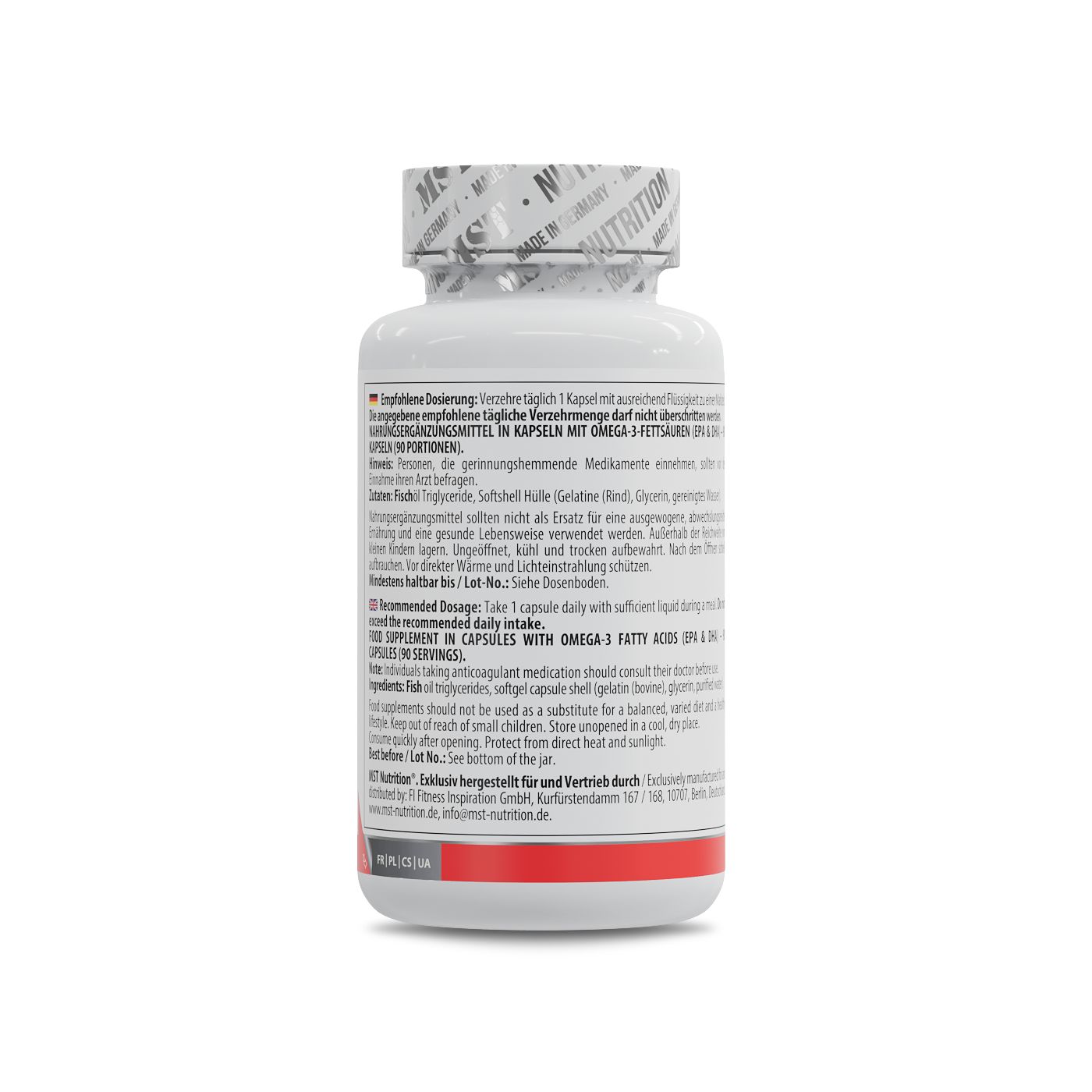 Weiße Flasche mit Kapseln. Aufschrift: Dosierung, Inhaltsstoffe, Omega-3-Fettsäuren. Deckel mit Aufschrift: Nutrition.