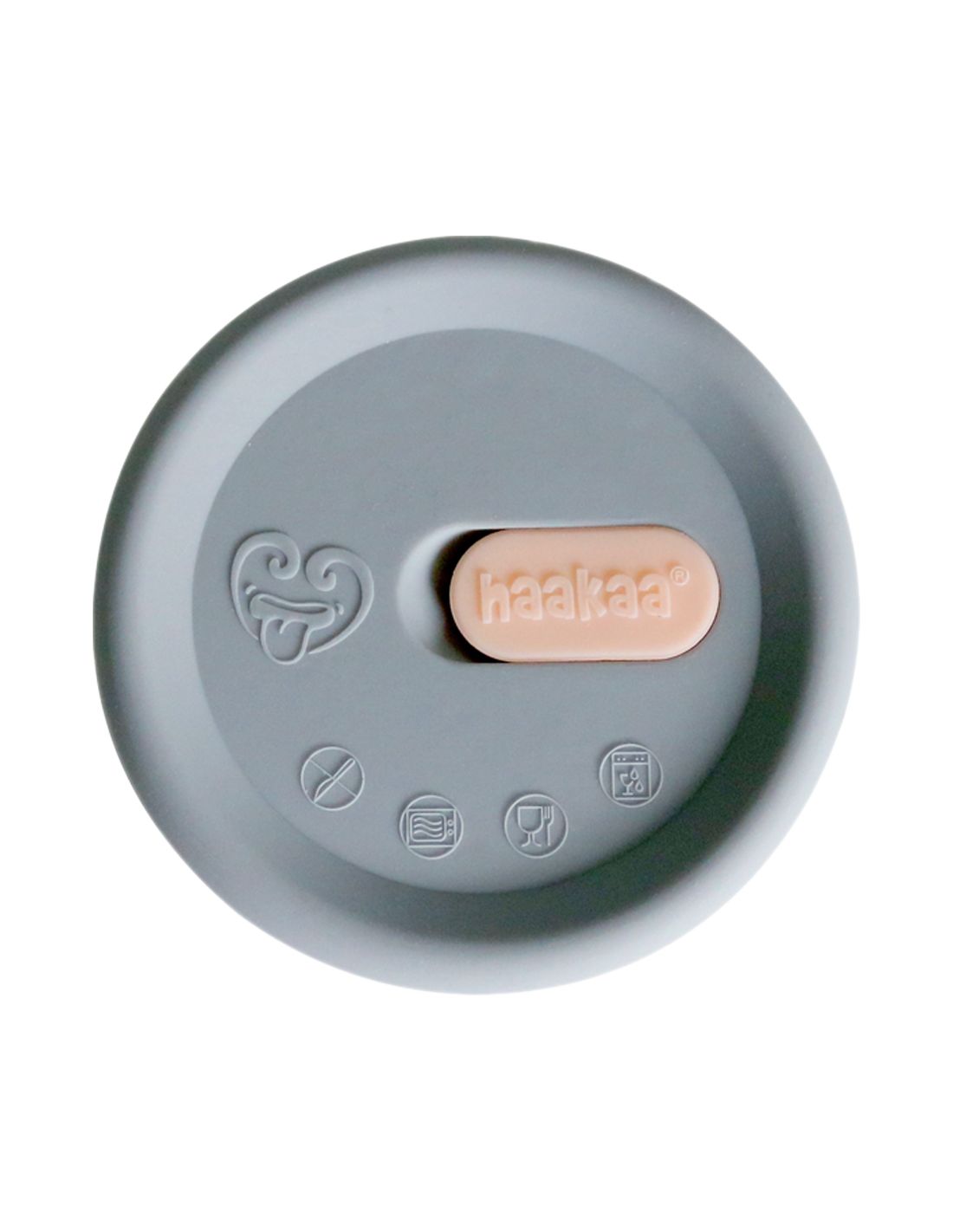 Grauer Silikondeckel mit rosa Verschluss. Logo und Symbole sind auf der Oberfläche sichtbar. Der Deckel ist rund.