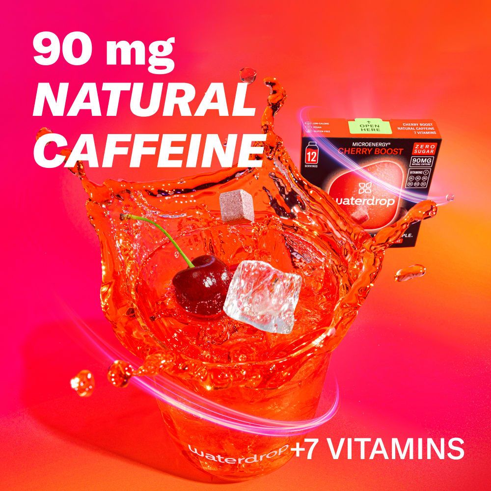 Verpackung von waterdrop® Microenergy Cherry Boost mit Kirschen und Spritzern.