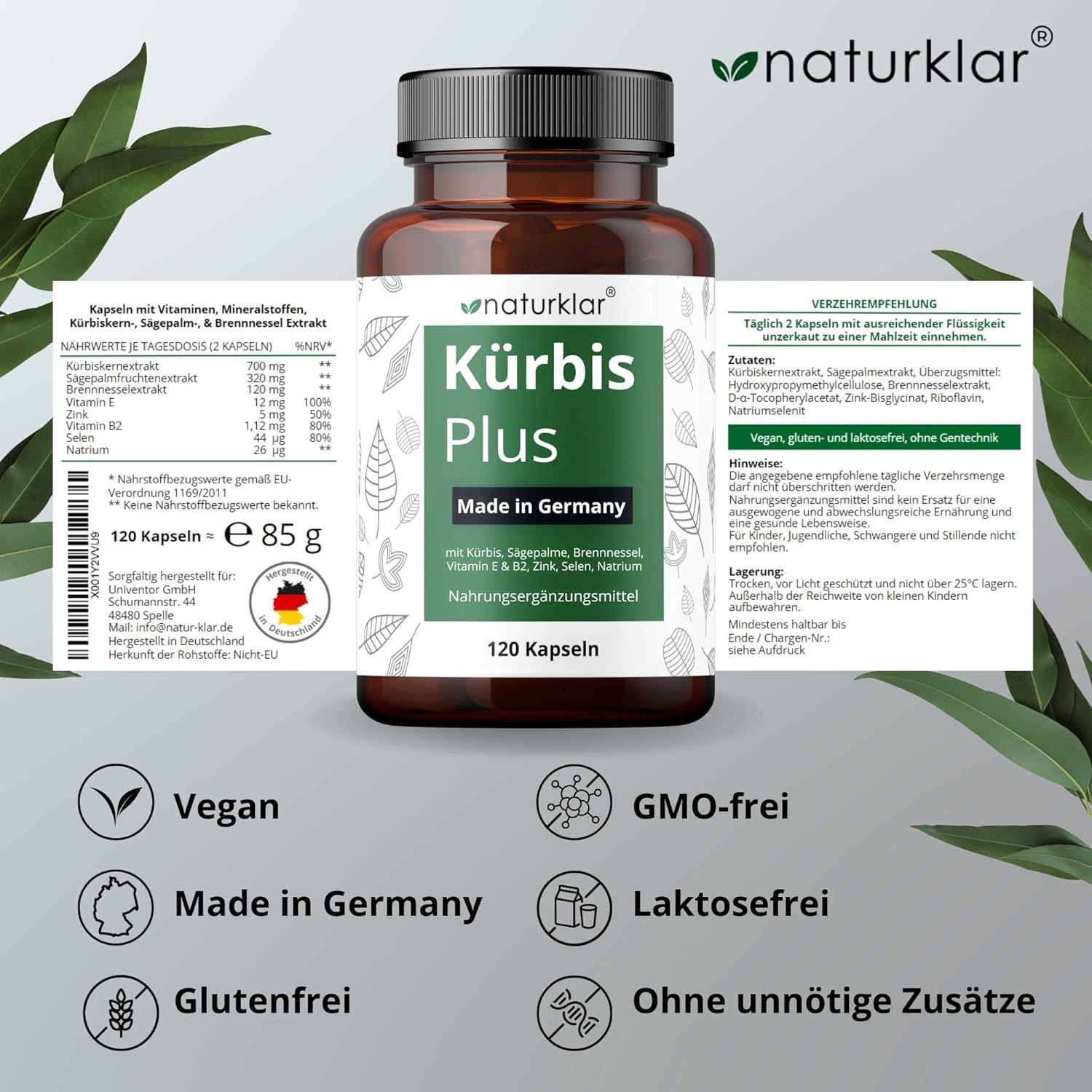 Braune Flasche mit Etikett. "Naturklar Kürbis Plus", 120 Kapseln. Inhaltsstoffe, Nährwertangaben. Vegan, GMO-frei, Made in Germany, laktosefrei, glutenfrei.