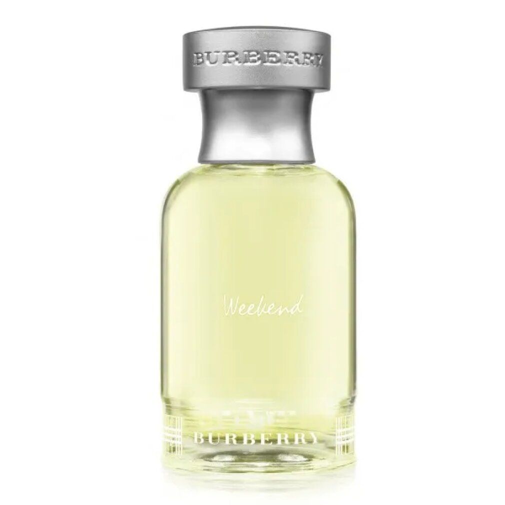 Burberry Weekend Eau de Toilette Spray für Herren. Flakon mit silbernem Verschluss. Produktname und Logo auf dem Flakon.