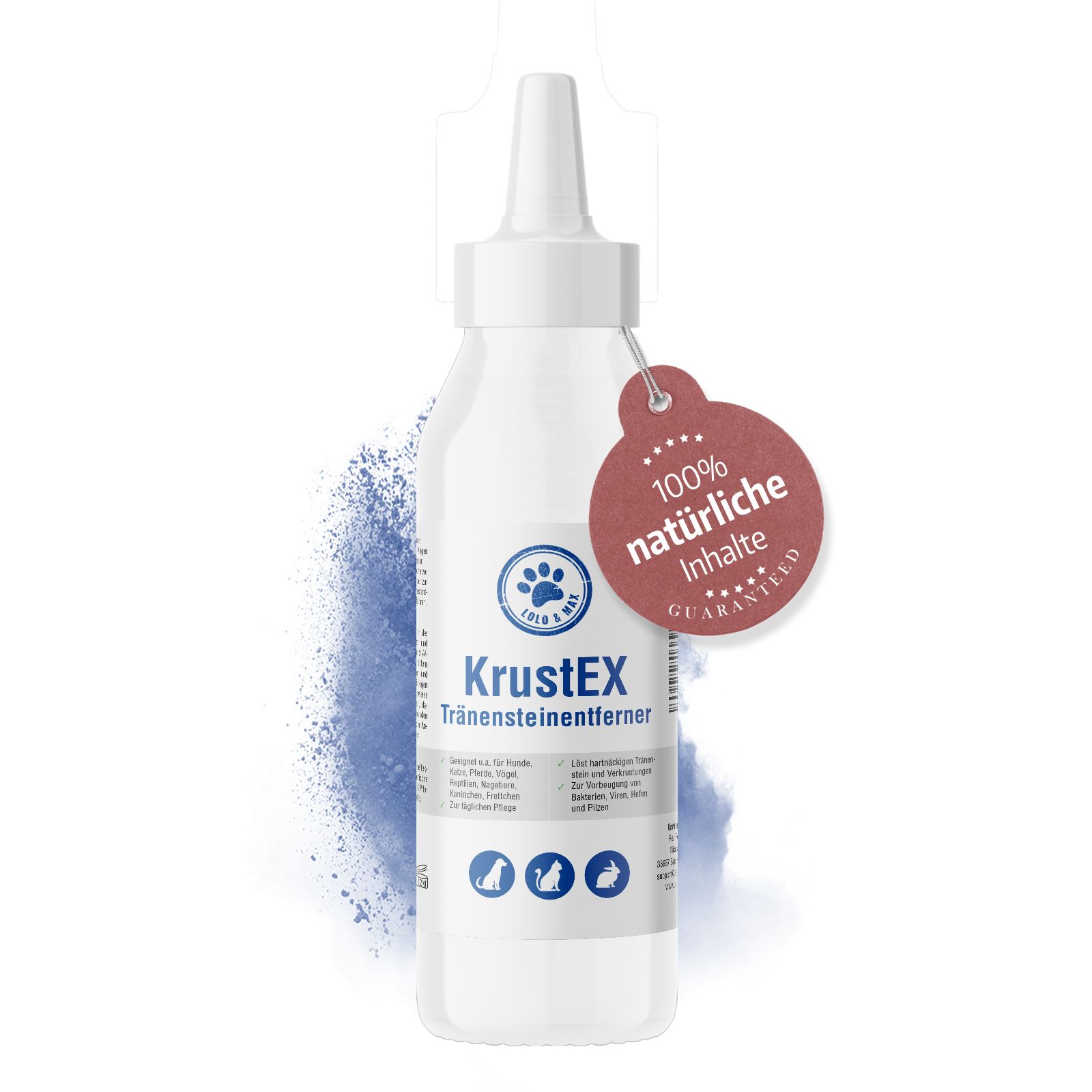 Weiße Flasche mit Tropfaufsatz. Roter Anhänger mit Text: 100% natürliche Inhalte. Produktname: KrustEx Tränensteinentferner. Logo: Pfote.