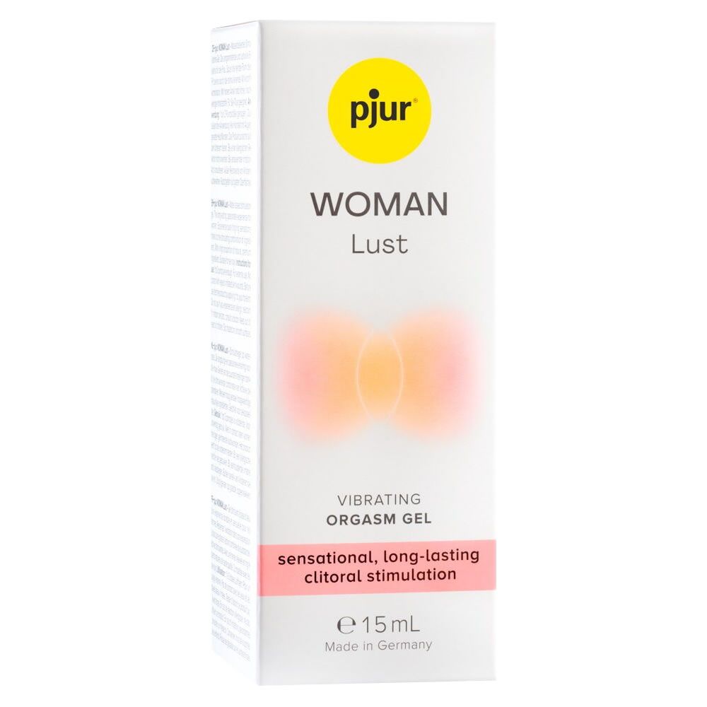 Karton mit Produkt. Gelb-weiße Verpackung mit Produktnamen und Text. Rosa-farbener Bereich. Text: Vibrating Orgasm Gel.