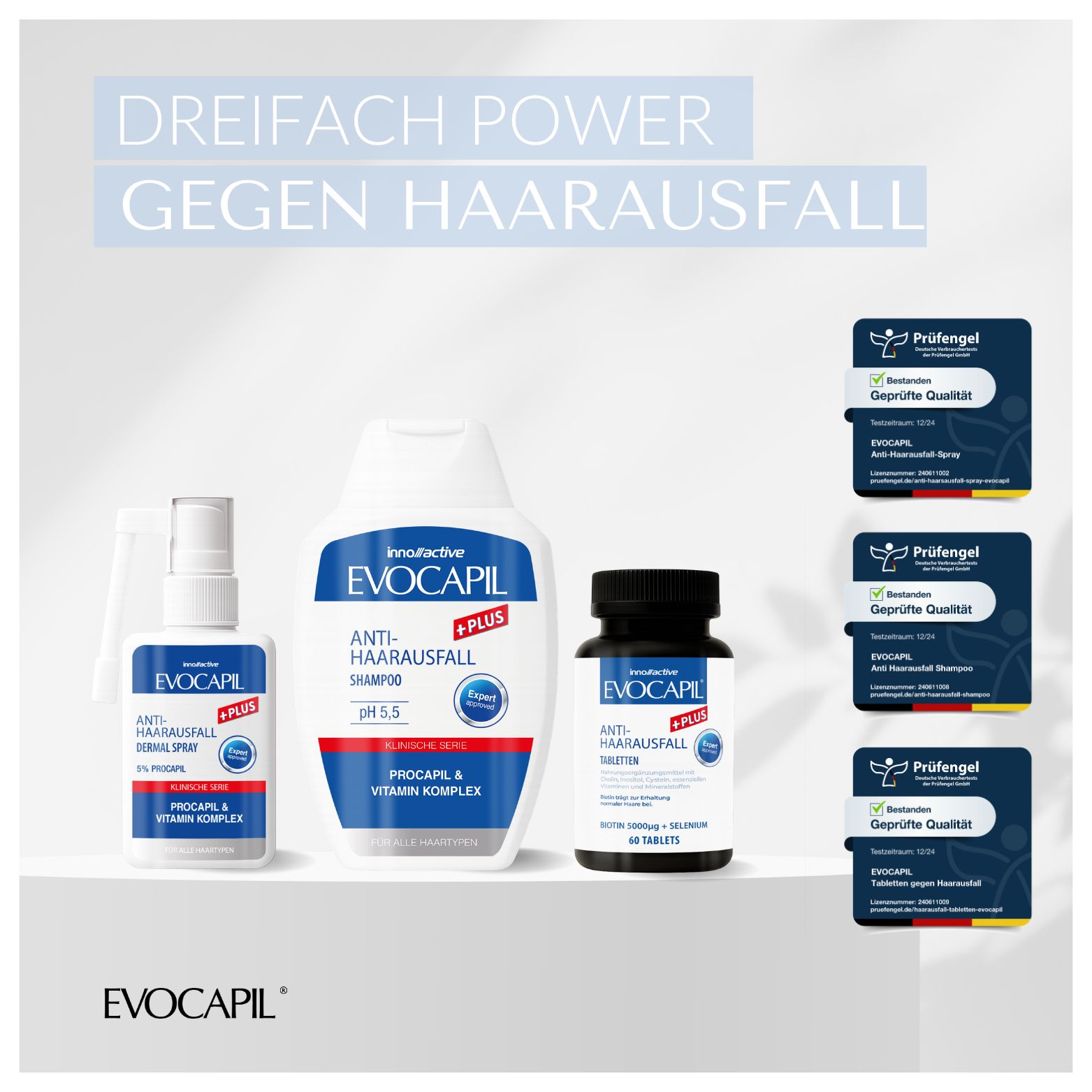 Evocapiil Anti-Haarausfall Shampoo, Spray und Tabletten. Mit Prüfsiegel.