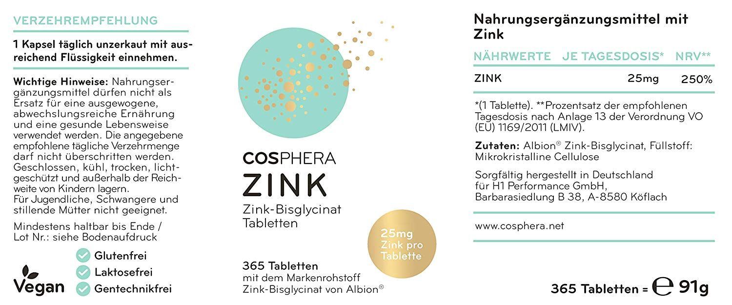 Cosphera Zink Tabletten: Flasche neben einer geöffneten Packung, einige Tabletten sind herausgefallen.