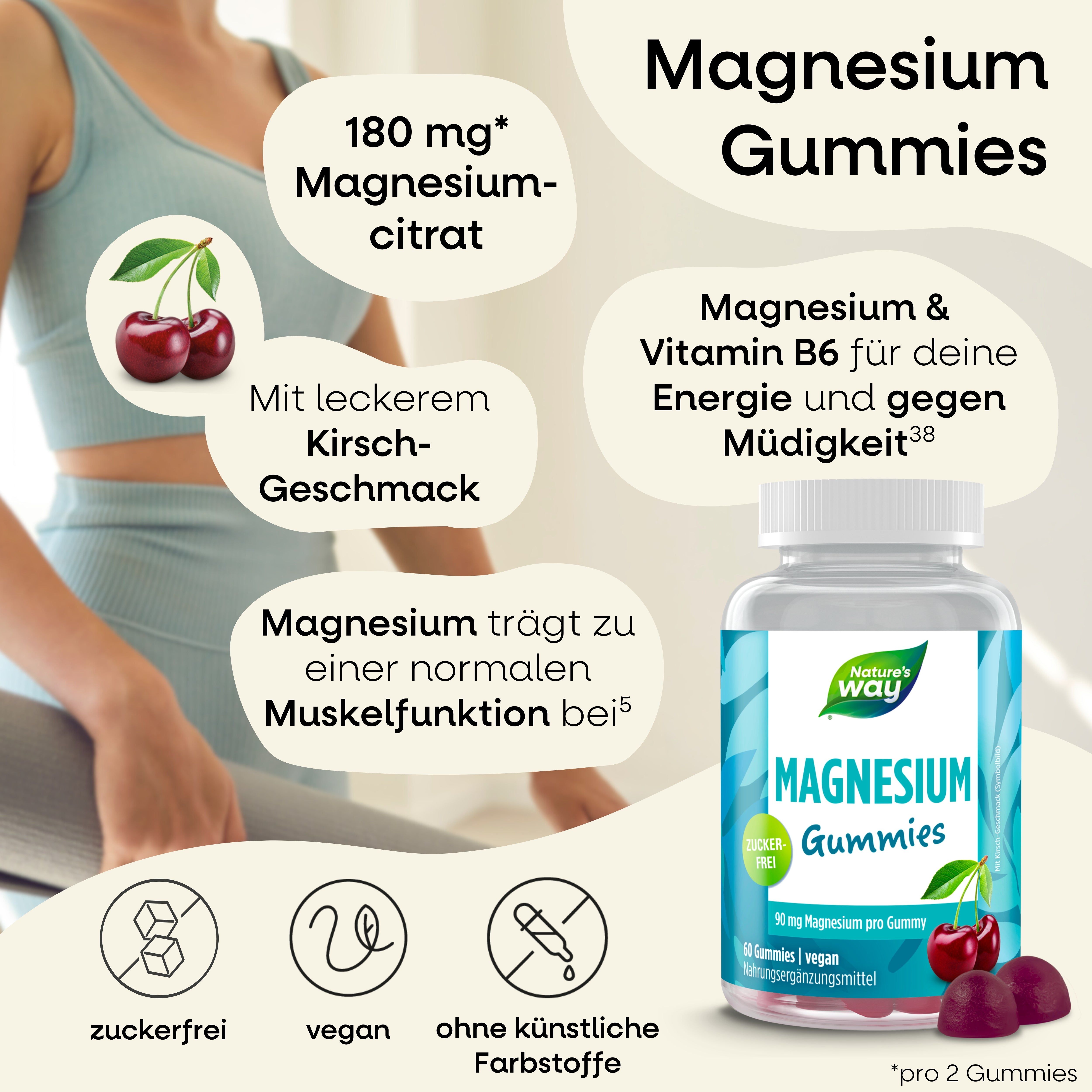 Eine Flasche Magnesium Gummies von Nature's Way. Aufschrift: Magnesium Gummies. Mit Kirsch-Geschmack. Mit Symbolen für zuckerfrei, vegan und ohne künstliche Farbstoffe.