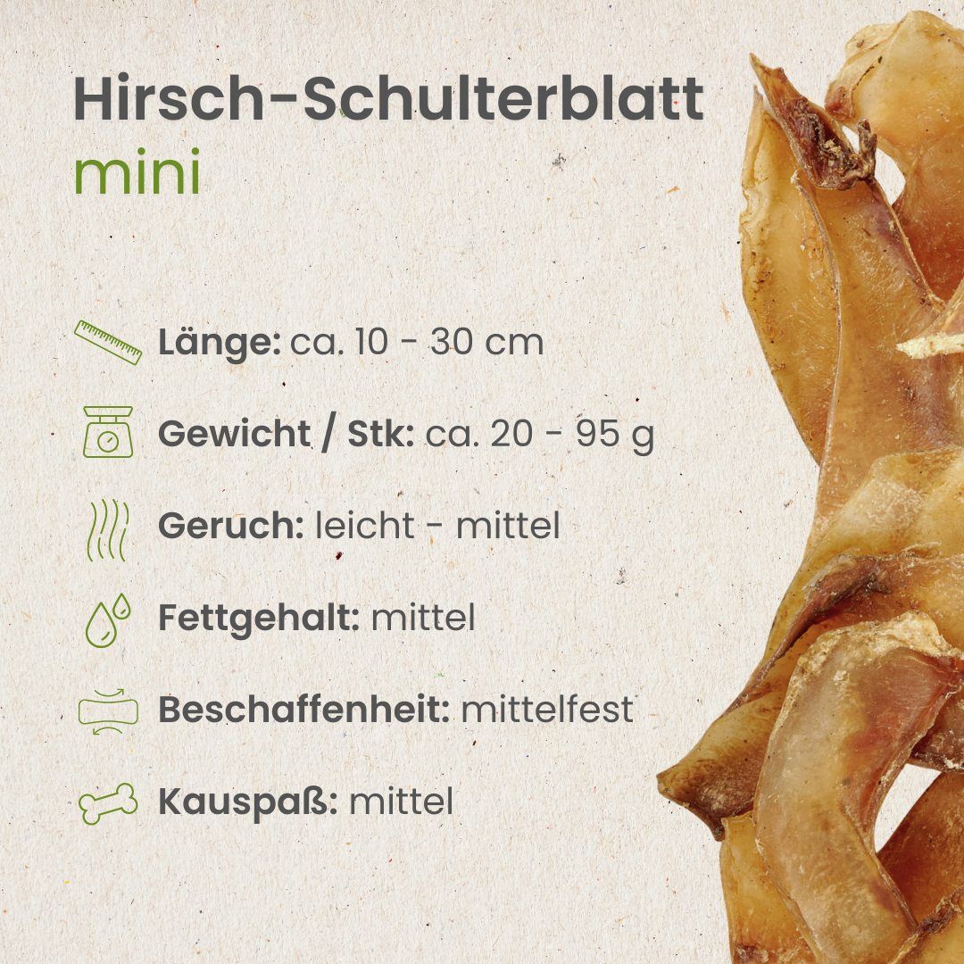 Getrocknete Hirsch-Schulterblätter, mini. Länge 10-30 cm, Gewicht 20-95g.