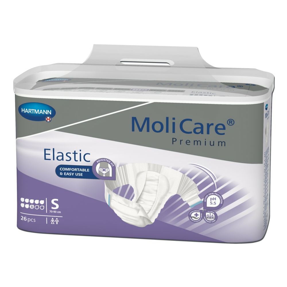 Hartmann MoliCare Premium Elastic. Verpackung mit 26 Stück. Größe S. Aufdruck: Komfortabel & einfach.