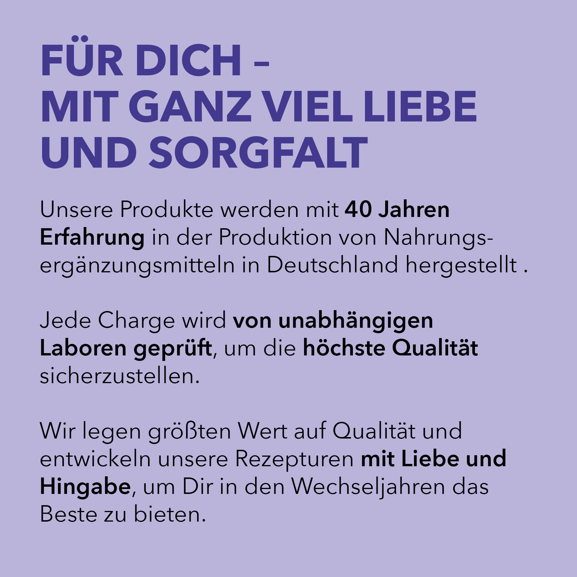 Text auf lila Hintergrund. Informationen über die Herstellung von Nahrungsergänzungsmitteln in Deutschland. Qualitätssicherung.