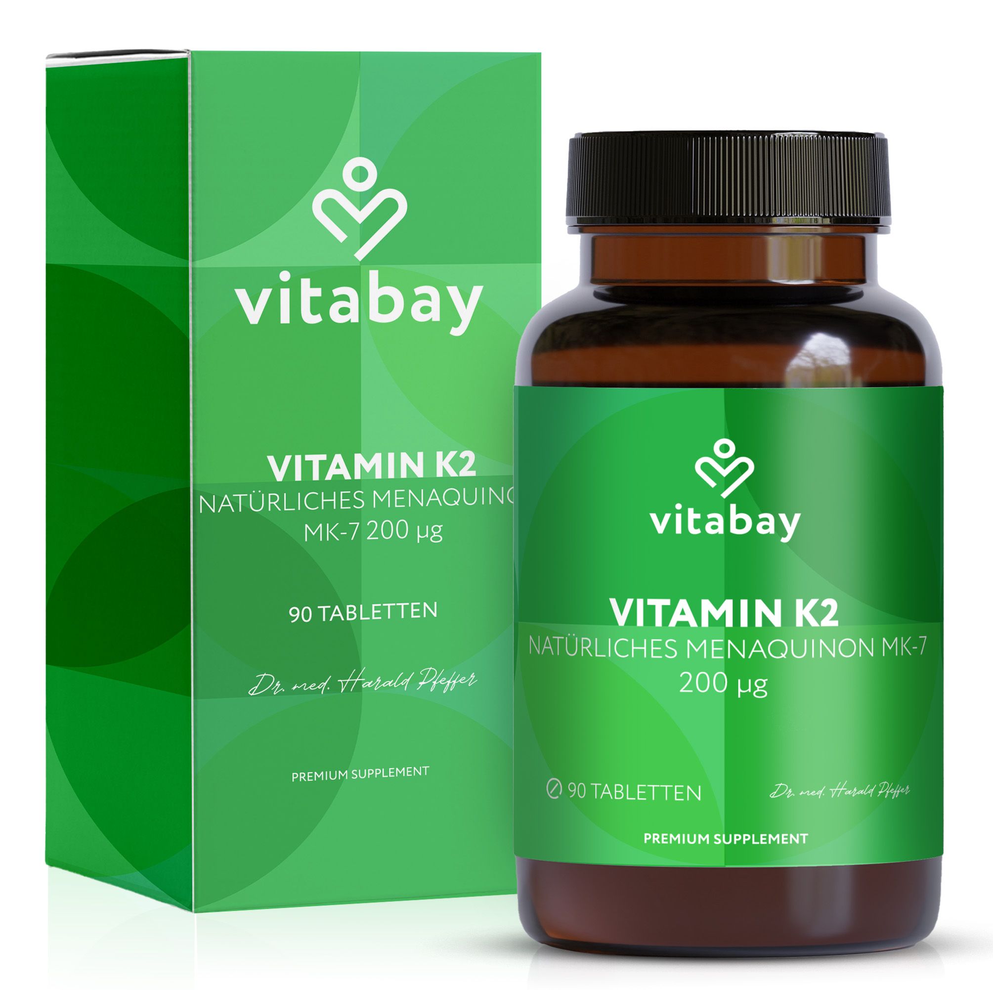 Vitabay Vitamin K2 Flasche und Karton, 90 Tabletten, 200 µg.