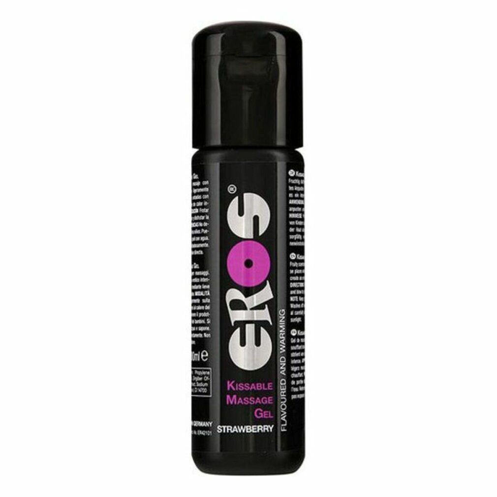 Schwarze Flasche mit "EROS"-Logo und Text. "Kissable Massage Gel - Strawberry" steht darunter.