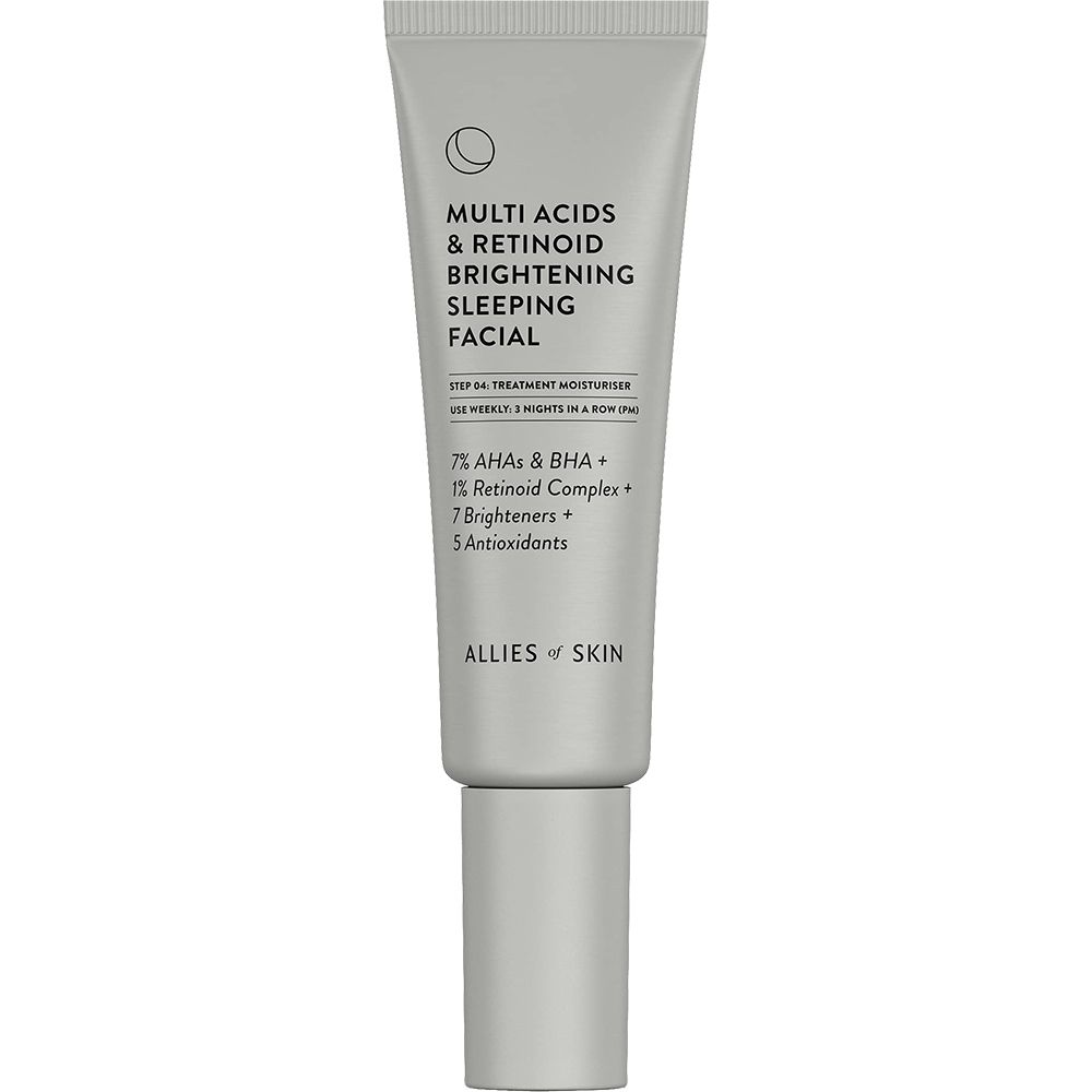 Graue Tube mit Produktnamen und Inhaltsstoffen. Text: Multi Acids & Retinoid Brightening Sleeping Facial.