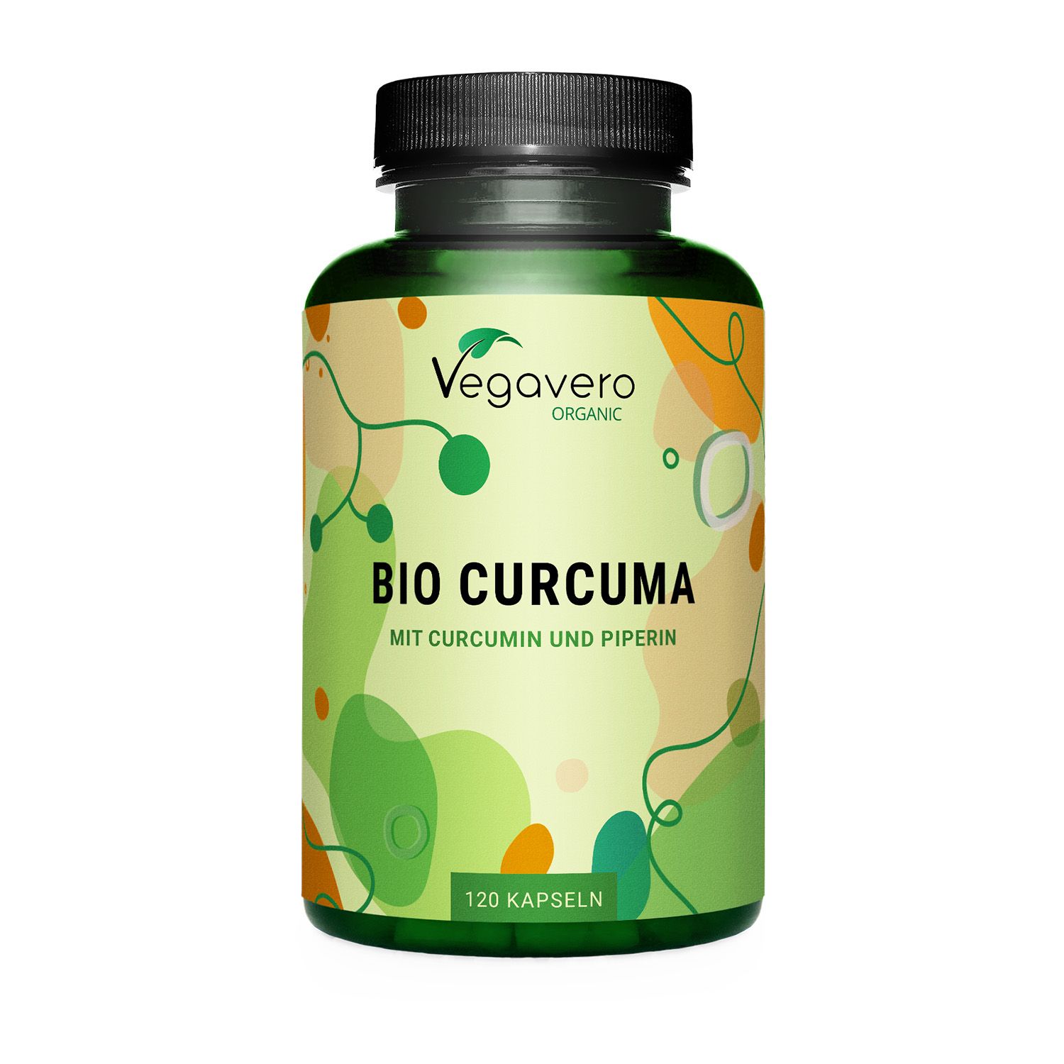 Grüne Flasche mit schwarzen Deckel. Aufschrift: Vegavaro Organic, Bio Curcuma, 120 Kapseln. Grün-gelbes Etikett.